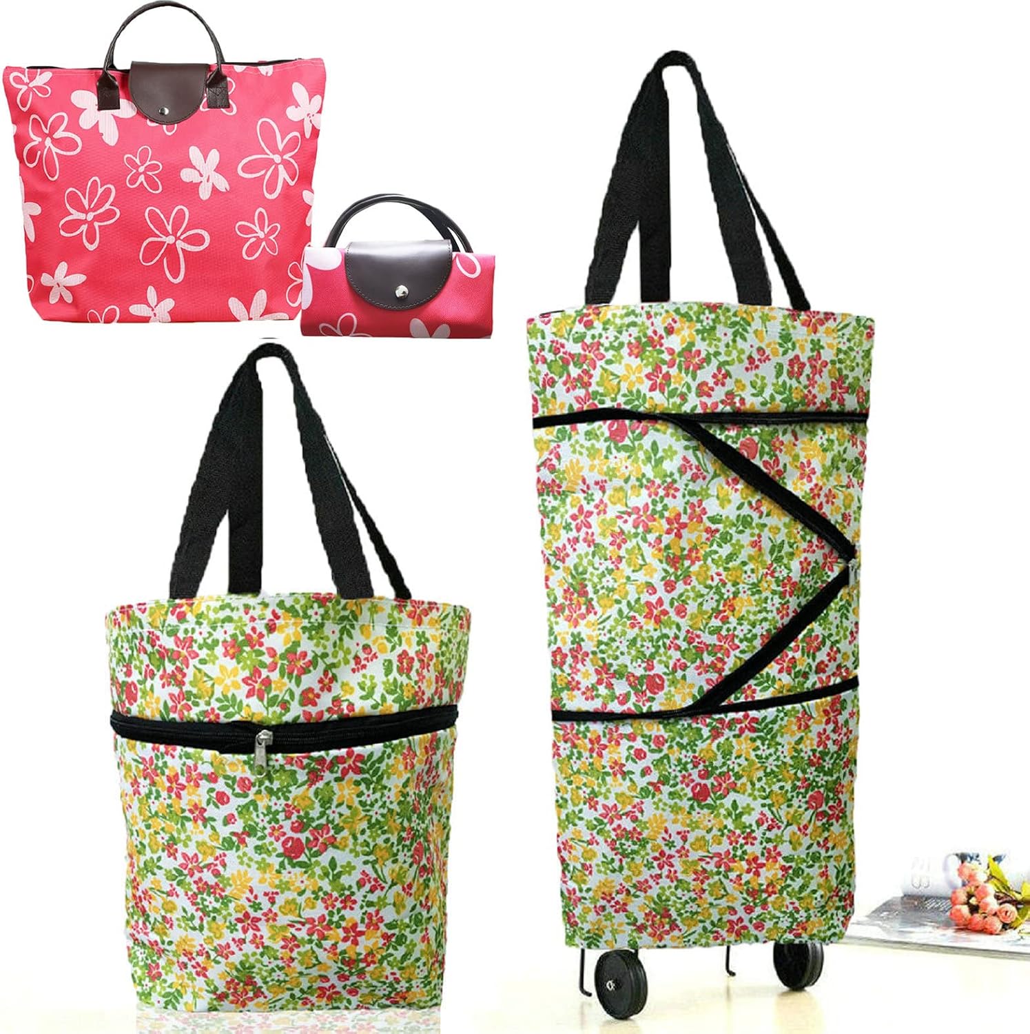 Collapsible Shopping Bag with Wheels Portable Shopping Cart with 360° Swivel Wheels Rolling Tote Bag Reusable Grocery Bag Trolley Bag on Wheels for Travel Shopping and Daily Use(Blue)