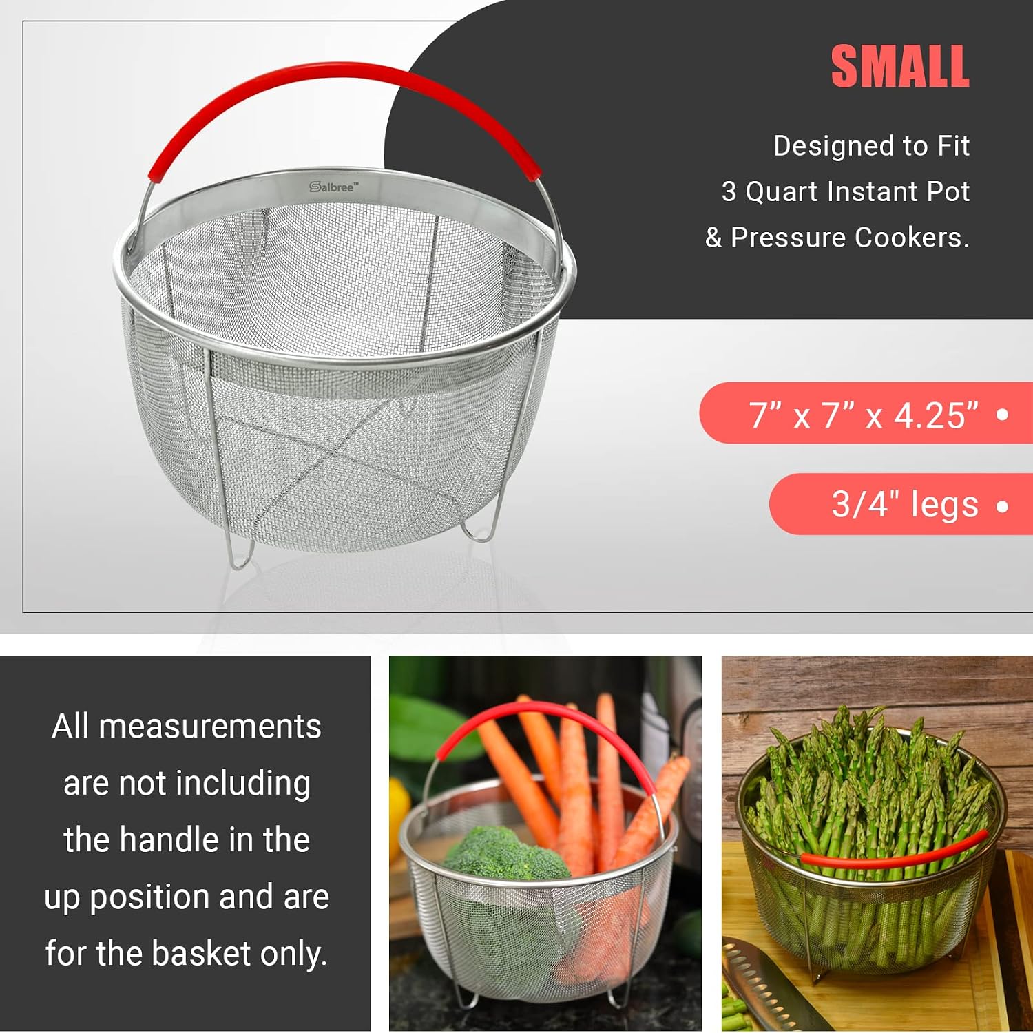Salbree Steamer Basket for 6qt Instant Pot and Many Other Pressure Cookers | Stainless steel strainer insert with silicone handle fits the 6qt Instant Pot and most air fryers. Comes in 3 different sizes