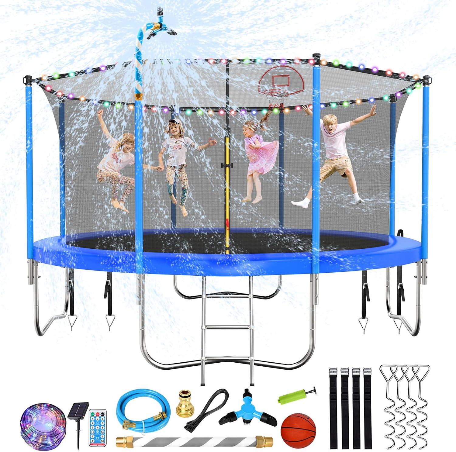 10 12 14 16FT Trampoline Outdoor, Light/Sprinkler/Basketball Hoop | Large Recreational Trampoline for Kids and Adults, Heavy Duty Yard Trampolines with Enclosure Net, ASTM Approval