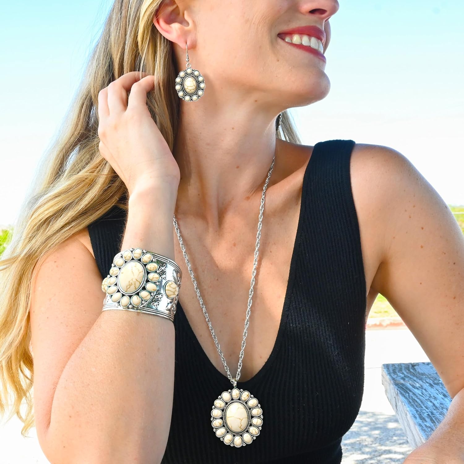 Shop LC Howlite Western Jewelry Set for Women Boho Cowgirl | 3-Piece Necklace Bracelet Earrings, Turquoise-Inspired, Chunky Statement, Southwestern