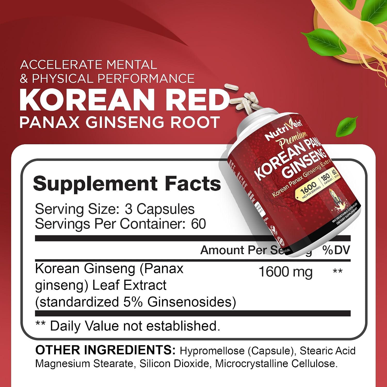 Nutrivein Korean Red Panax Ginseng 1600 mg - 180 Capsules, Extra Strength