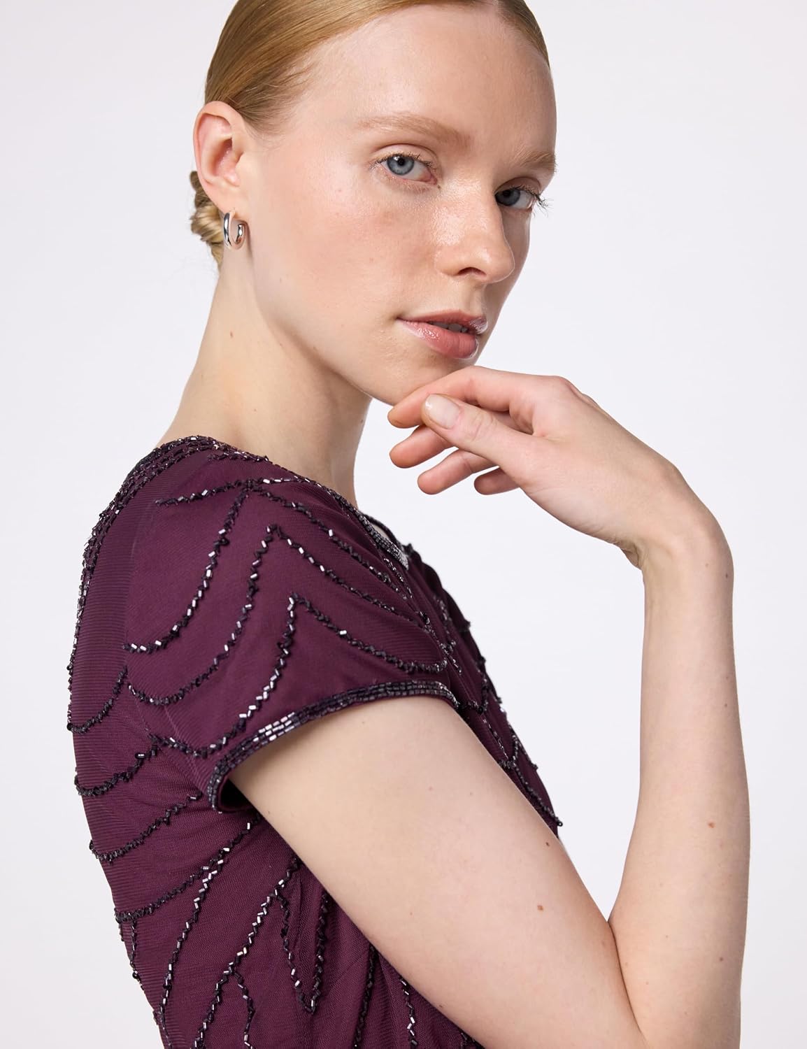 Adrianna Papell Womens Short Sleeve Blouson Beaded Gown