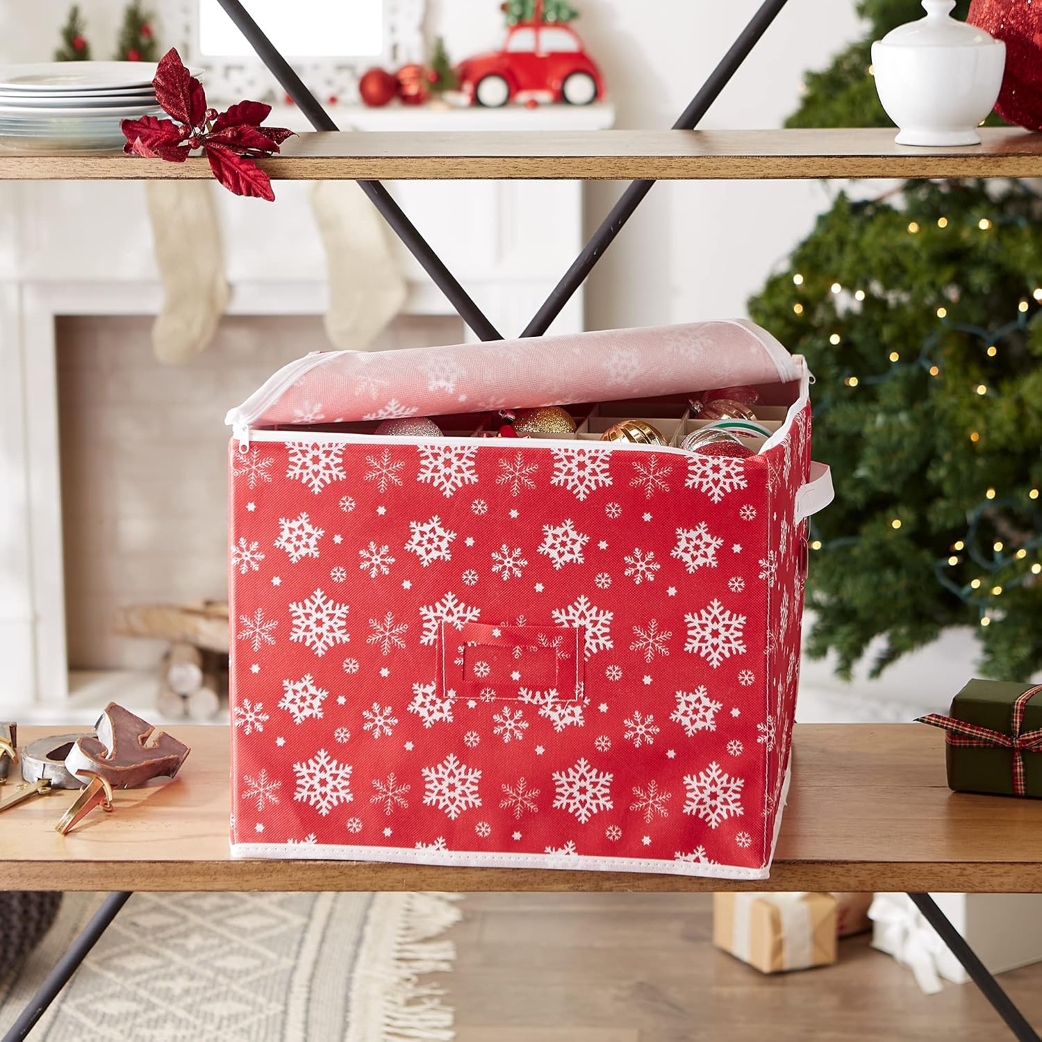 DII Christmas Storage Containers Collection Zippered with Dividers, Ornament; Large, 16x16x13, Snowflakes