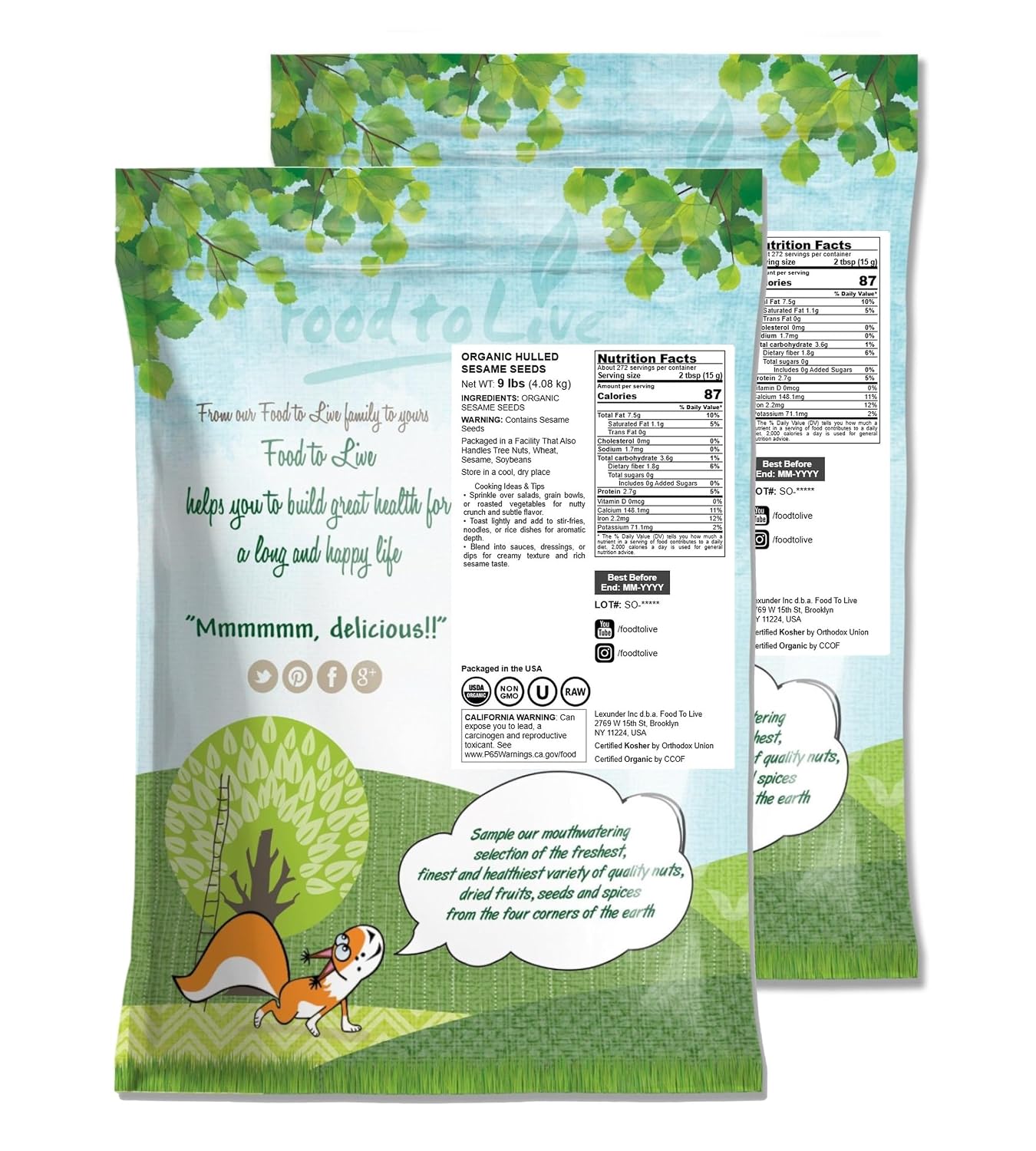 Food to Live Organic Hulled Sesame Seeds, 2 Pounds – Whole Raw White Sesame Seeds, Non-GMO, Kosher, Vegan, Unroasted, Bulk. High in Iron, and Calcium. Perfect for Tahini Paste, Stir-fries, and Salads.