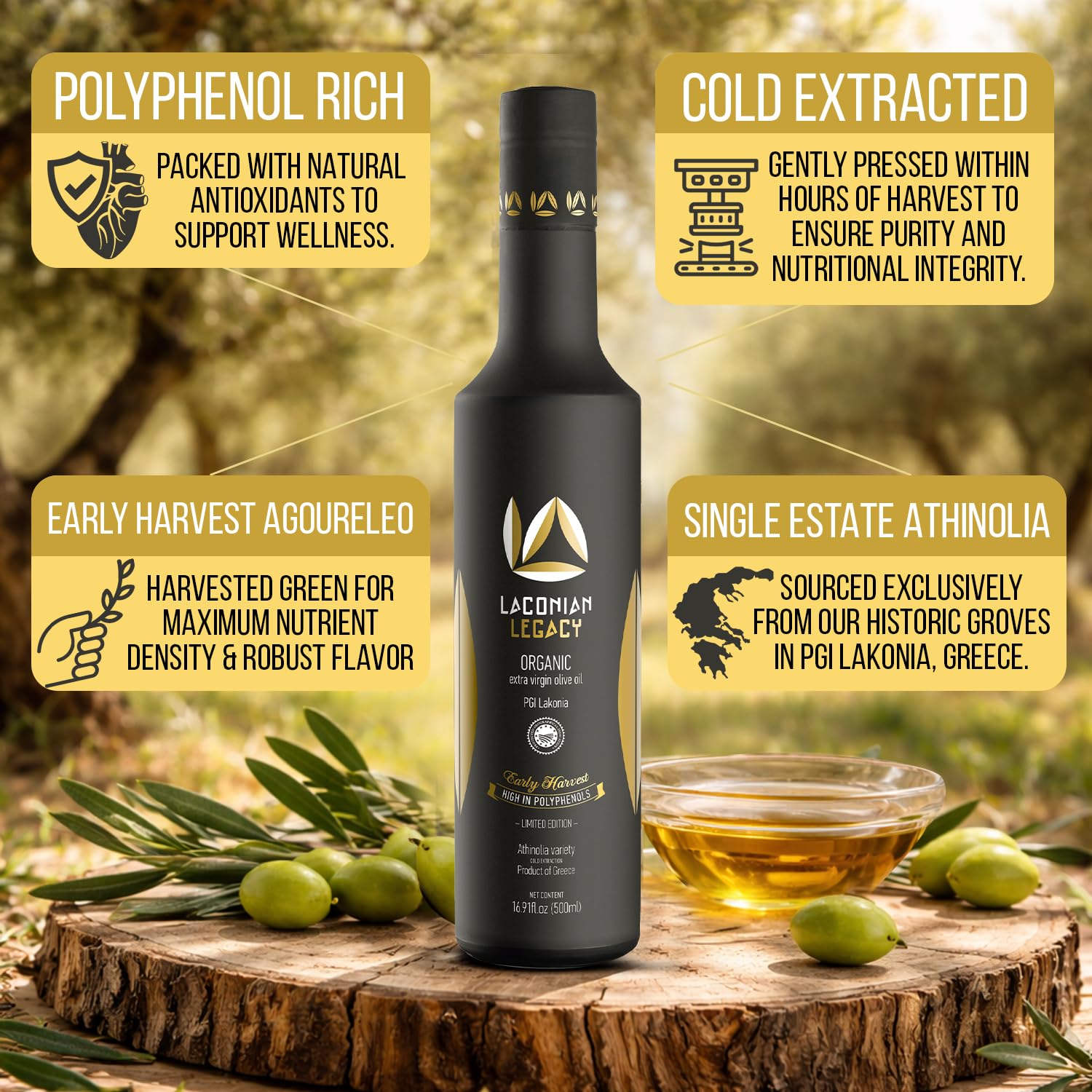 LACONIAN LEGACY High Polyphenol Organic Greek Extra Virgin Olive Oil - 2026 GOLD WINNER - Premium Luxury Gift Box - Early Harvest EVOO - Rare