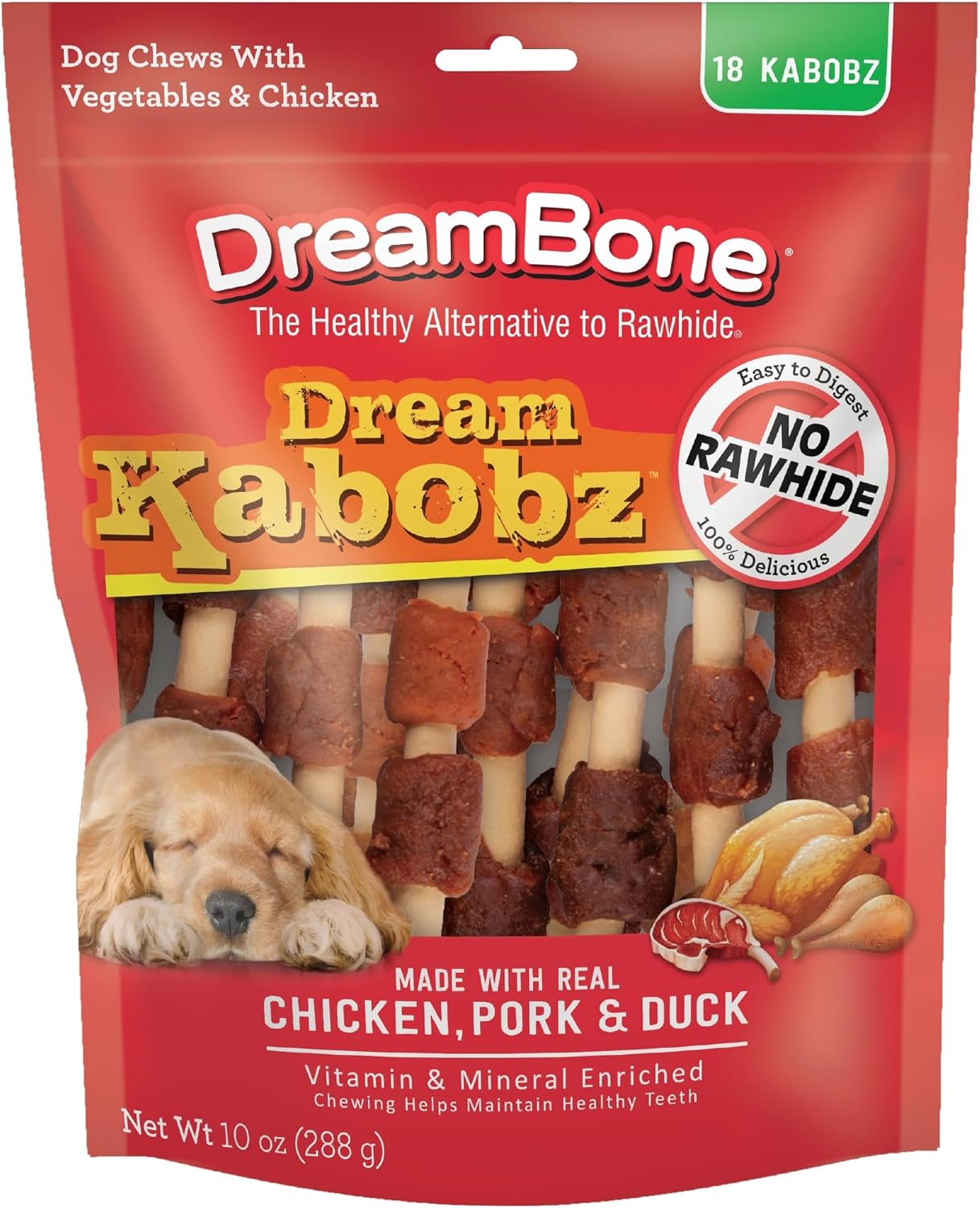 DreamBone Kabobz Rawhide-Free Dog Treats With Real Protein, 18 Count | Daily Chew, Digests Safely and Completely, Made With Real Chicken, Duck, Pork and Veggies, For Adult Dogs