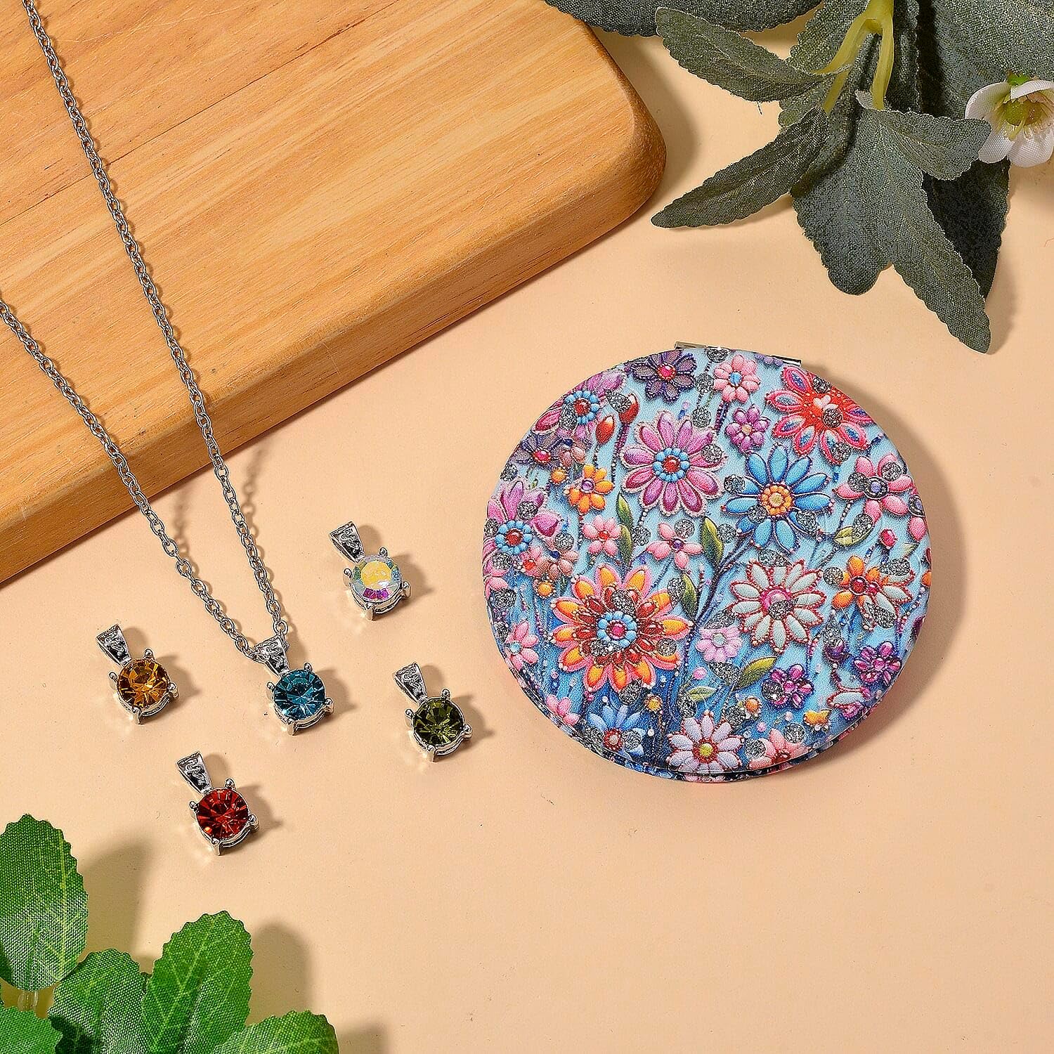 Multi Color Crystal 4pcs 1pc Mirror Pendant Necklace 20"in Silvertone
