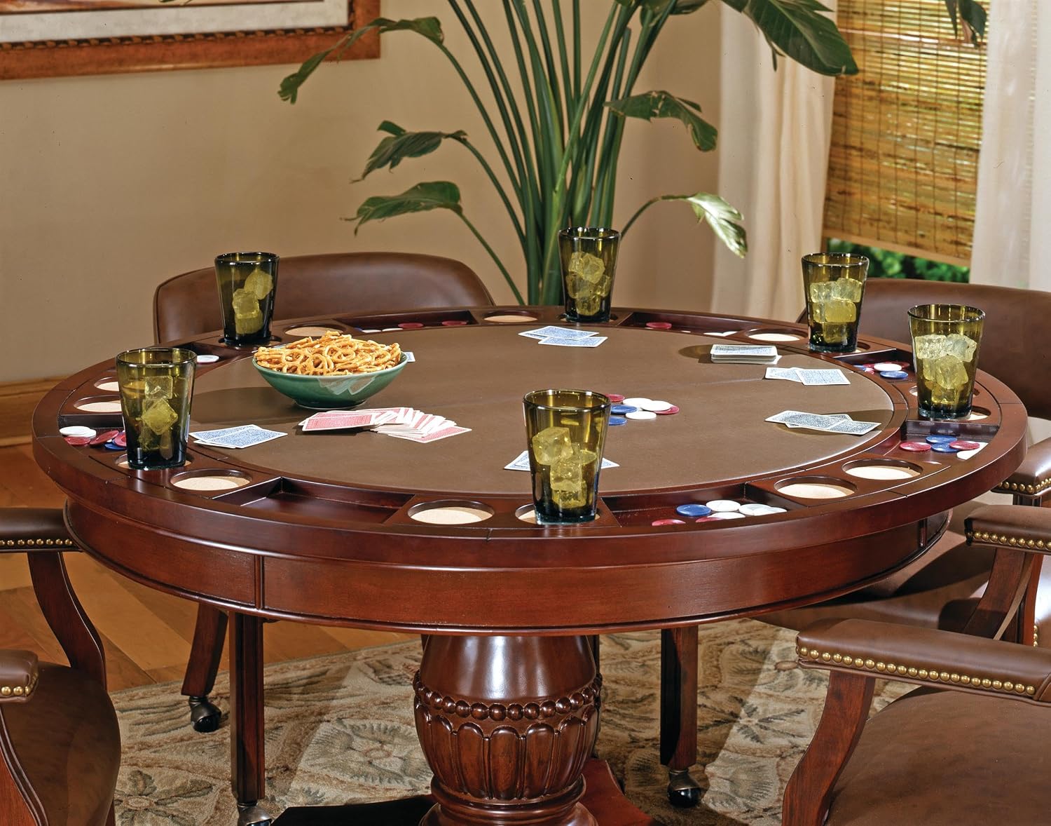 Steve Silver Tournament 51" x 51" Traditional Round Faux Leather & Wood Poker Game Table with Casters, Chairs, Pedestal Base, Removable Top