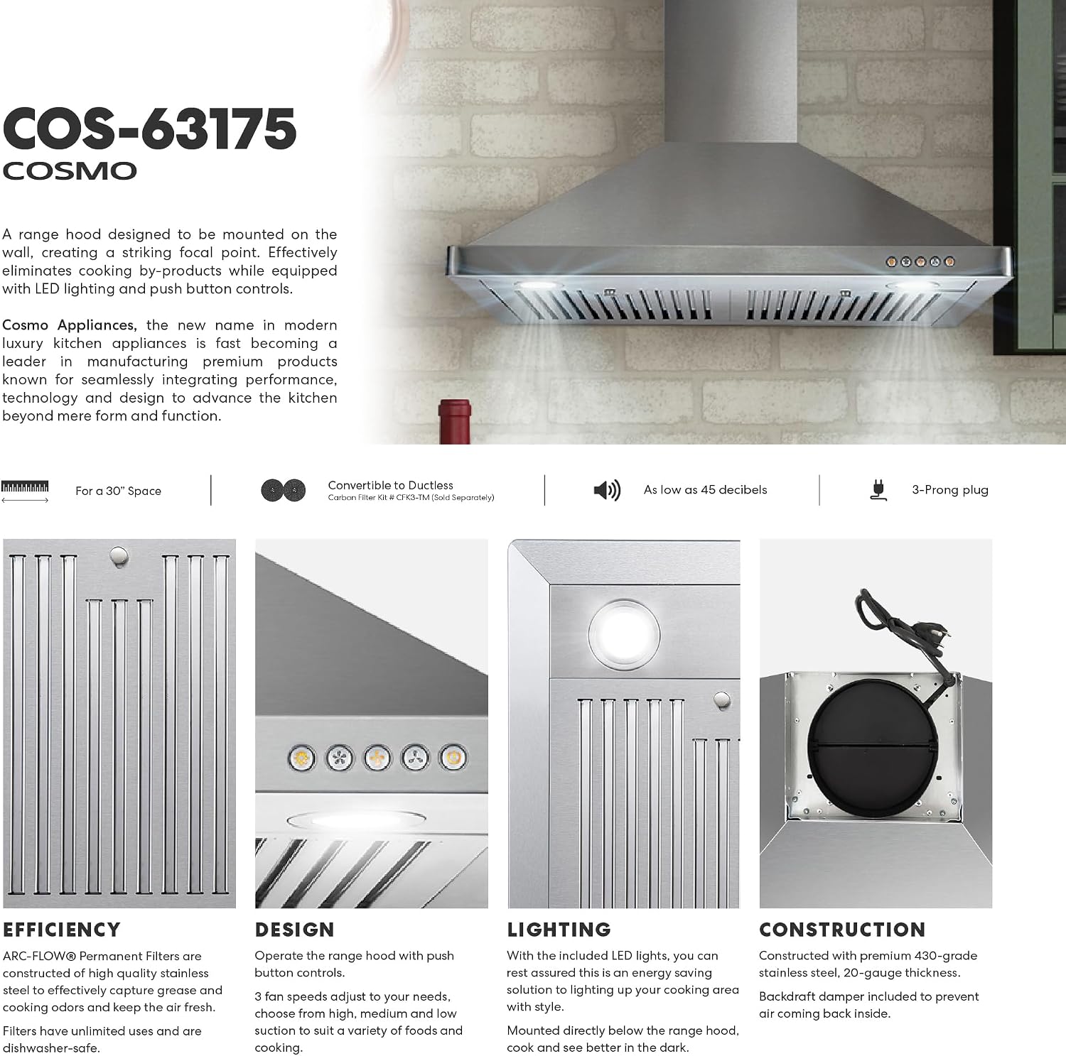 30 in. Vista Coll 380 CFM Ducted Wall Mount Range Hood LED, Stainless Steel | Cosmo COS-63175 Push Button Controls, 3 Fan Speeds