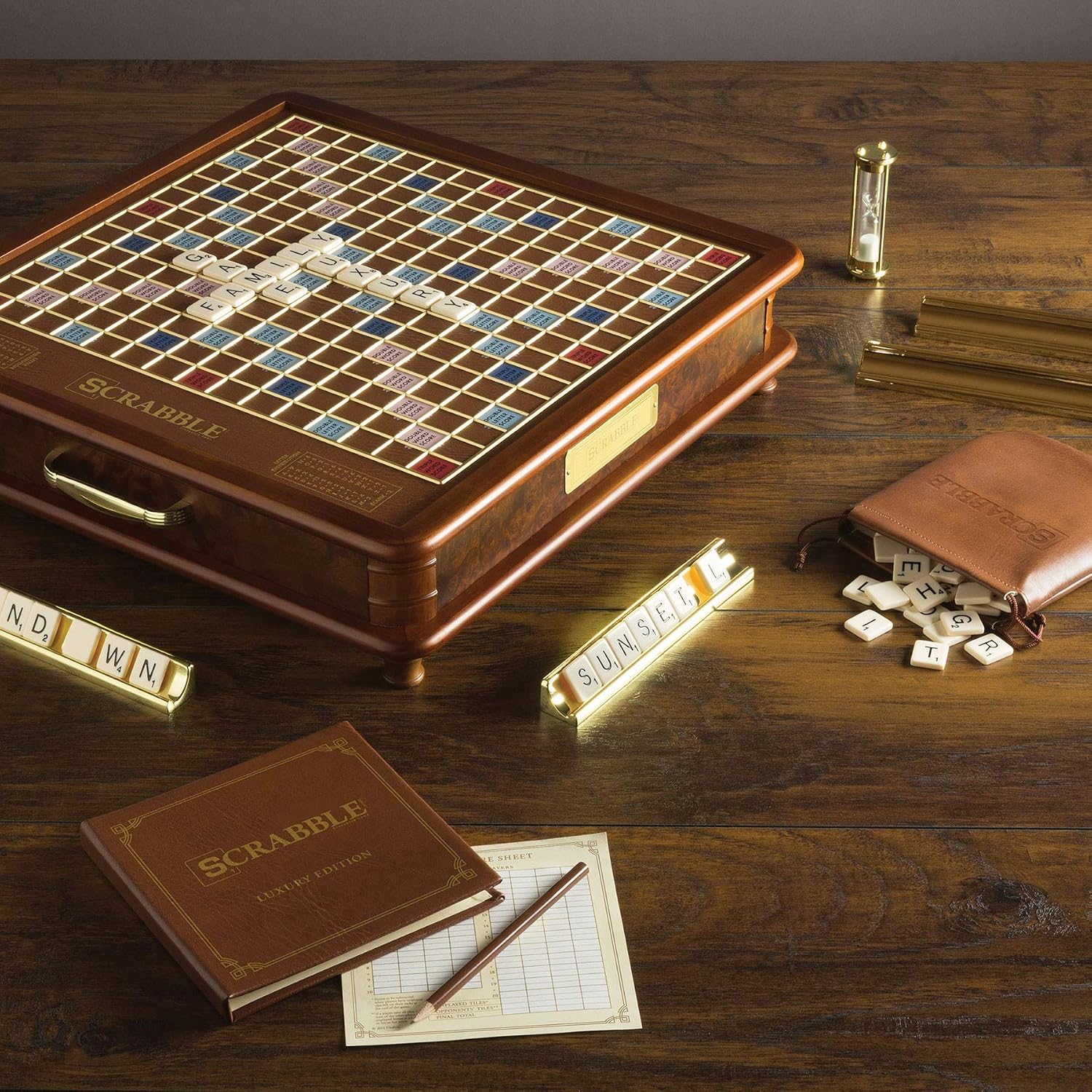 WS Game Company Scrabble Luxury Edition Rotating Wooden Board Game Set | Classic Word Game, Luxurious Wood Cabinet, Rotating Game Board