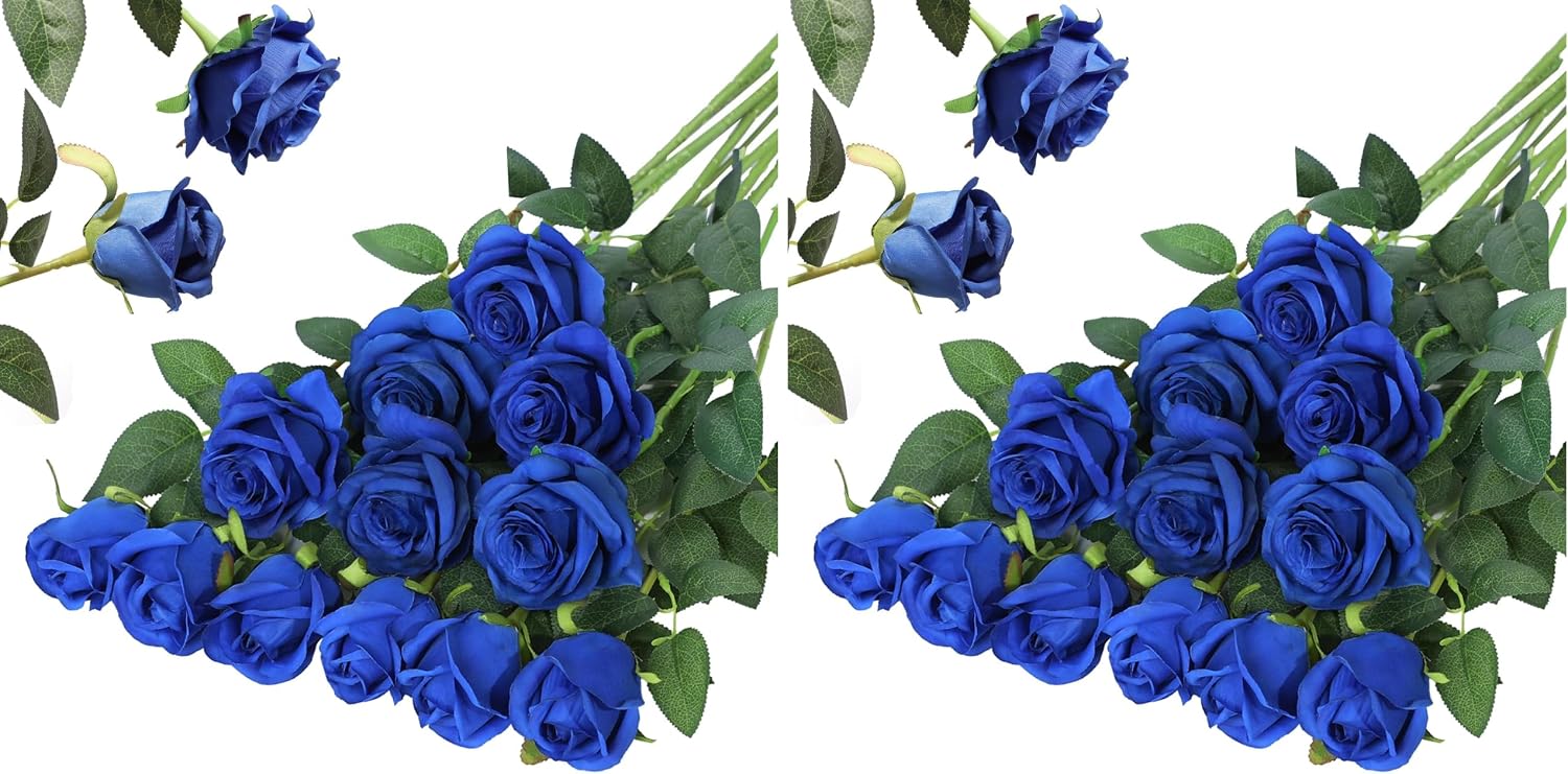 Hawesome 12PCS Artificial Silk Flowers Realistic Roses Bouquet Long Stem for Home Wedding Decoration Party (Yellow, 6 Flowers 6 Buds)