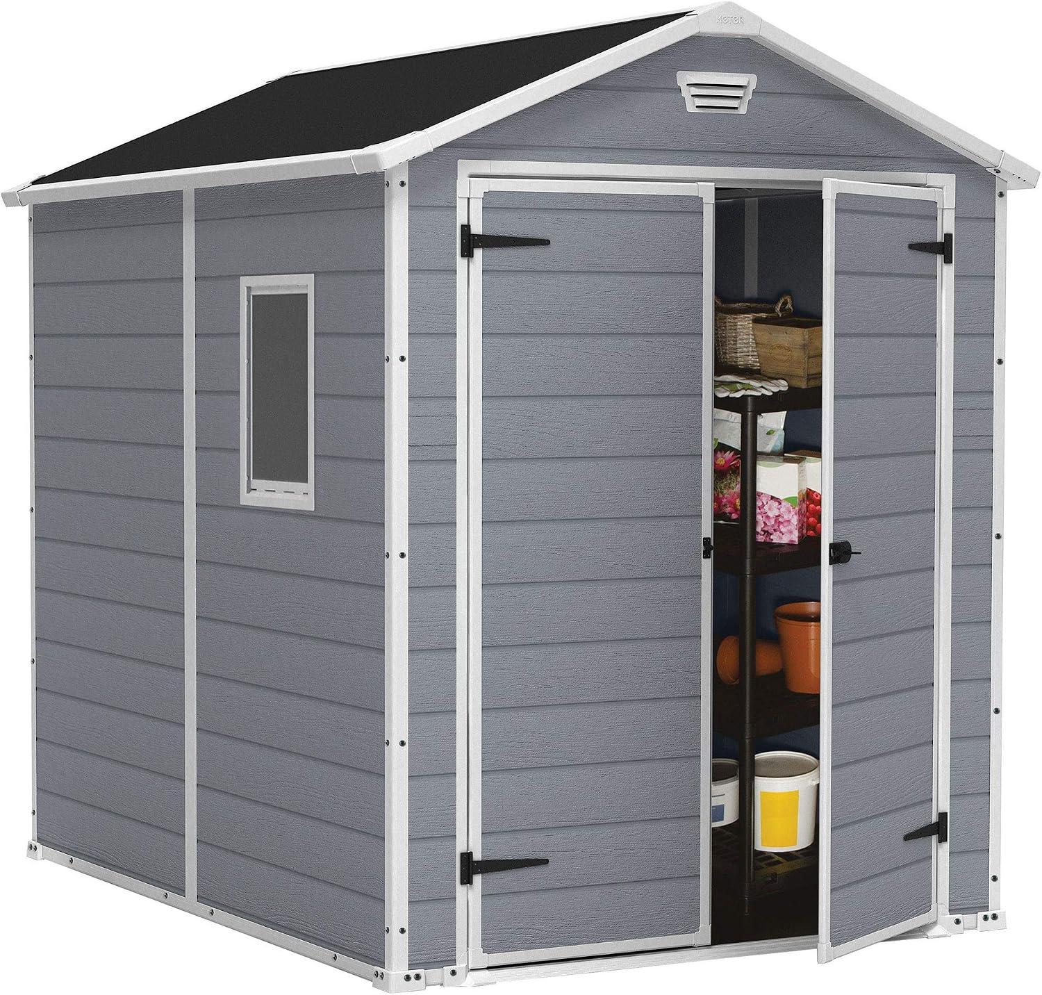 Keter Manor 6x8 Foot All Weather Garden Tool Outdoor Storage Shed with Lockable Double Doors, Fixed Window and Wood-Look Resin Walls