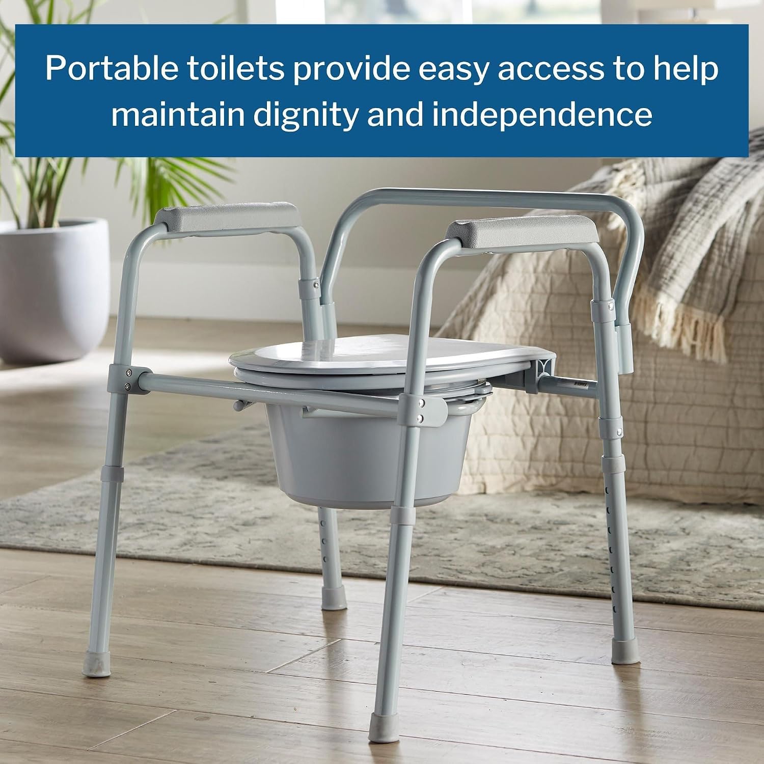 McKesson Folding Commode Chair with 7.5 qt Bucket, 13 1/2 in, 1 ct | Seat Width, Adjustable Height