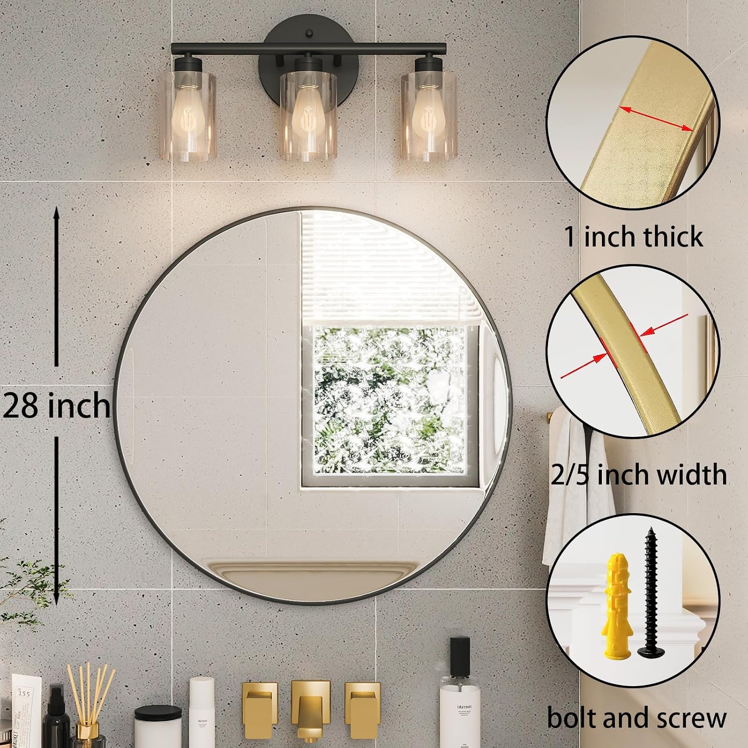 Growsun Black Round Mirror 24 inch, Wall Mounted Circle Mirror, Metal Framed Mirror for Bathroom Vanity, Bedroom Home Decor Mirros