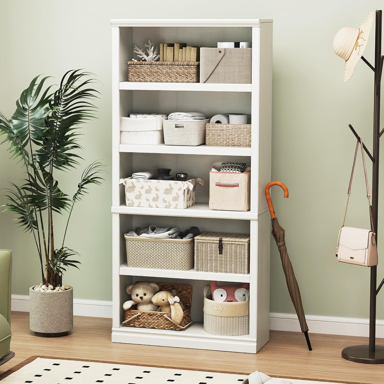 Bevfint 70-Inch Tall White Bookcase, 5 Tiers Shelves Open Storage Bookshelf | 33 In Wide Anti Tipping Indoor Furniture
