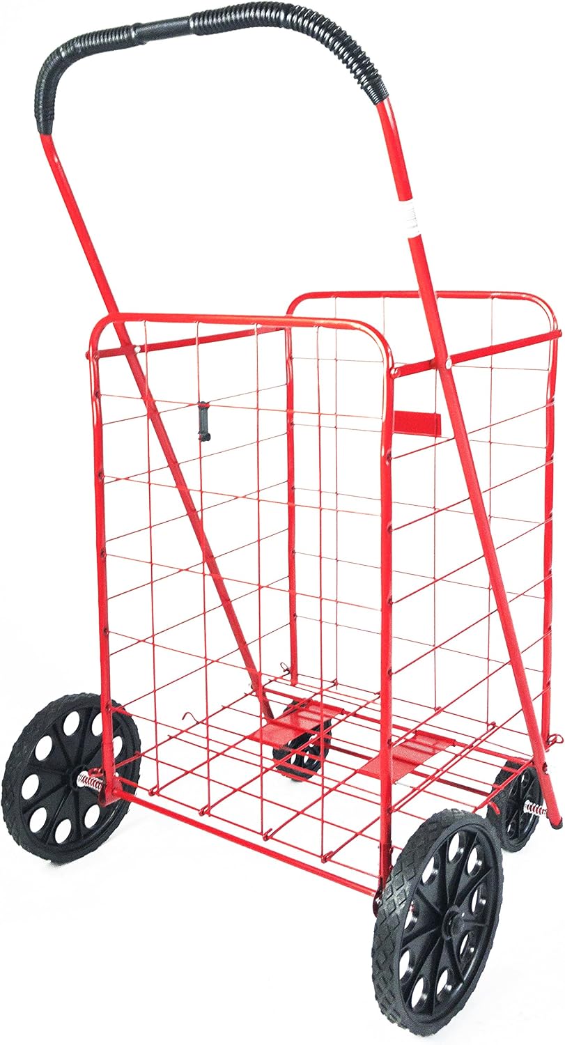 ATH Large Deluxe Rolling Utility / Shopping Cart - Stowable Folding Heavy Duty Cart with Rubber Wheels For Haul Laundry, Groceries, Toys, Sports Equipment, Red