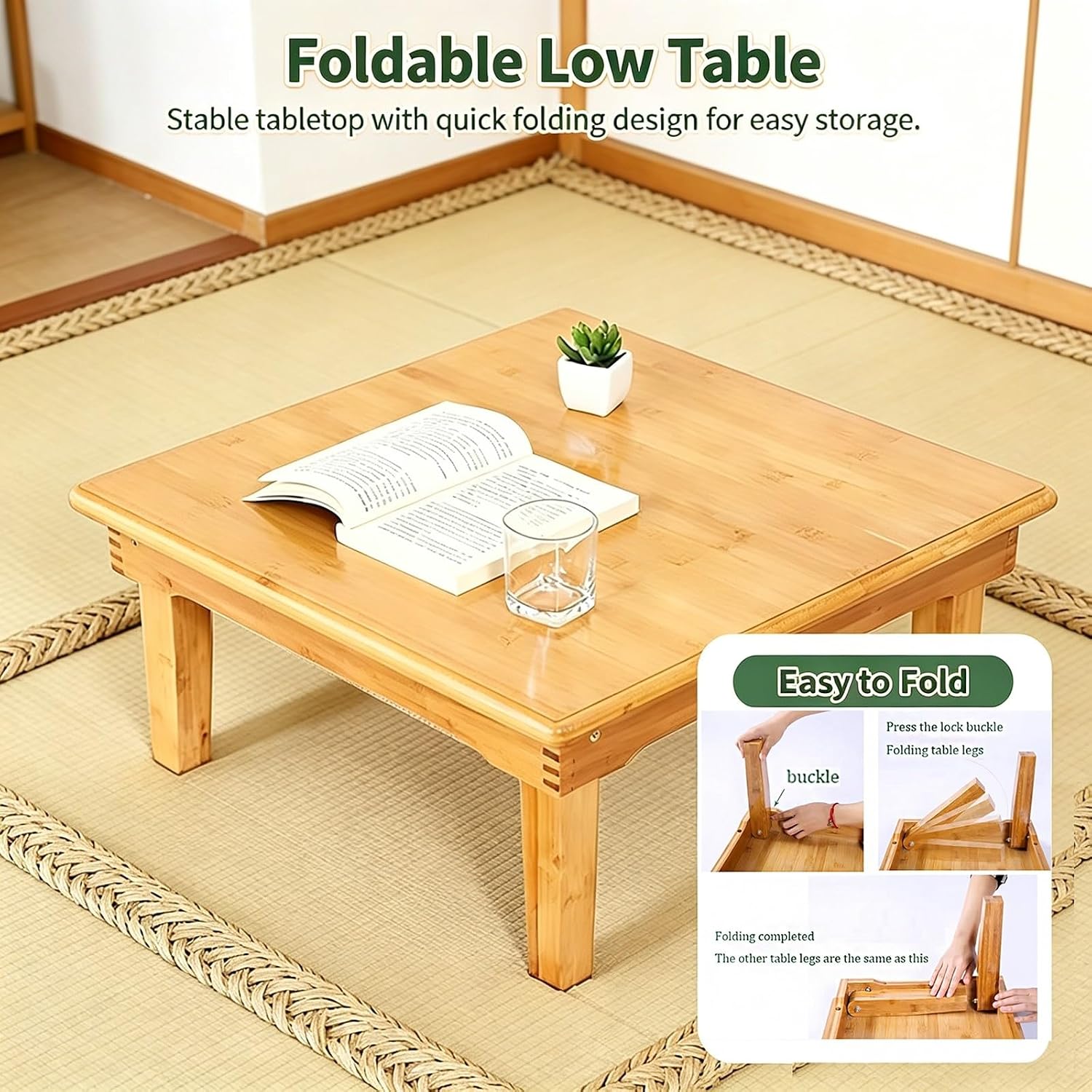 SH-tables Folding Table, Japanese-Style Household Square Bamboo Table, Computer Desk, Low Bamboo Table, Multi-Function Small Dining Table