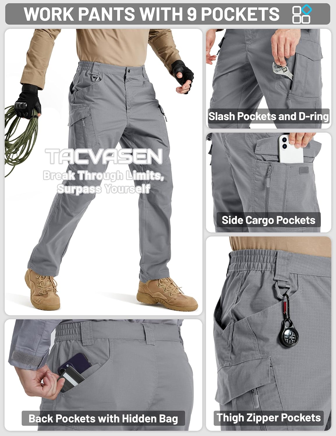 TACVASEN Men's Tactical Pants Waterproof Hiking Work Pants for Men Construction Stretch Cargo Trousers 9 Pockets