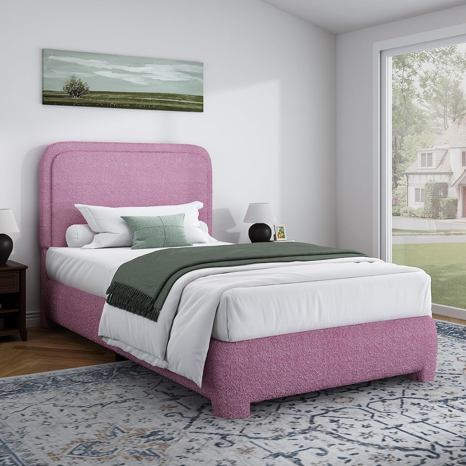 BarnFurin Full Bed Frame, Cloud Boucle Headboard, Rounded Corners, White | Soft boucle and rounded edges create a low-profile cloud look. Wooden slats support the mattress without a box spring