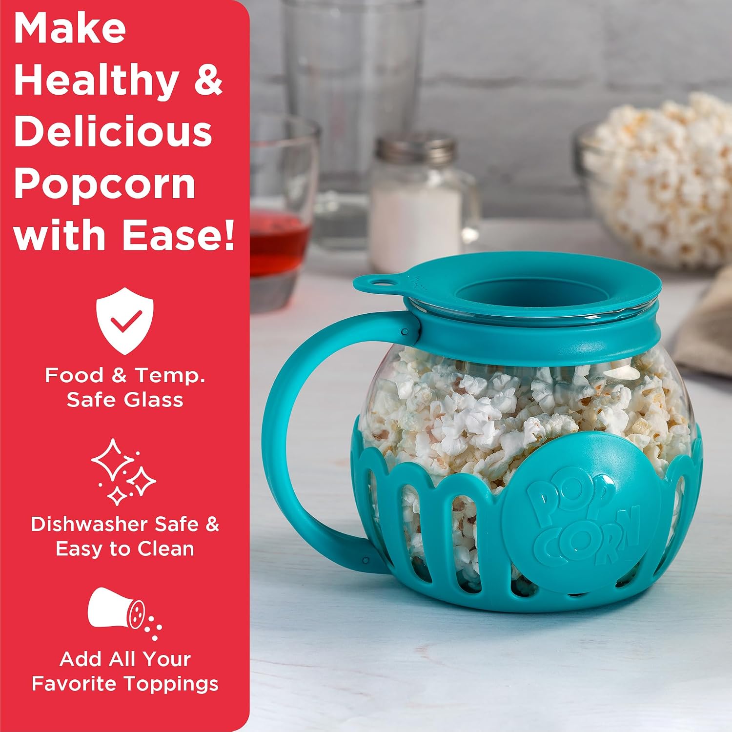 Ecolution Patented Micro-Pop Microwave Popcorn Popper with Temperature Safe Glass, 3-in-1 Lid Measures Kernels and Melts Butter, Made Without BPA, Dishwasher Safe, 3-Quart, Red