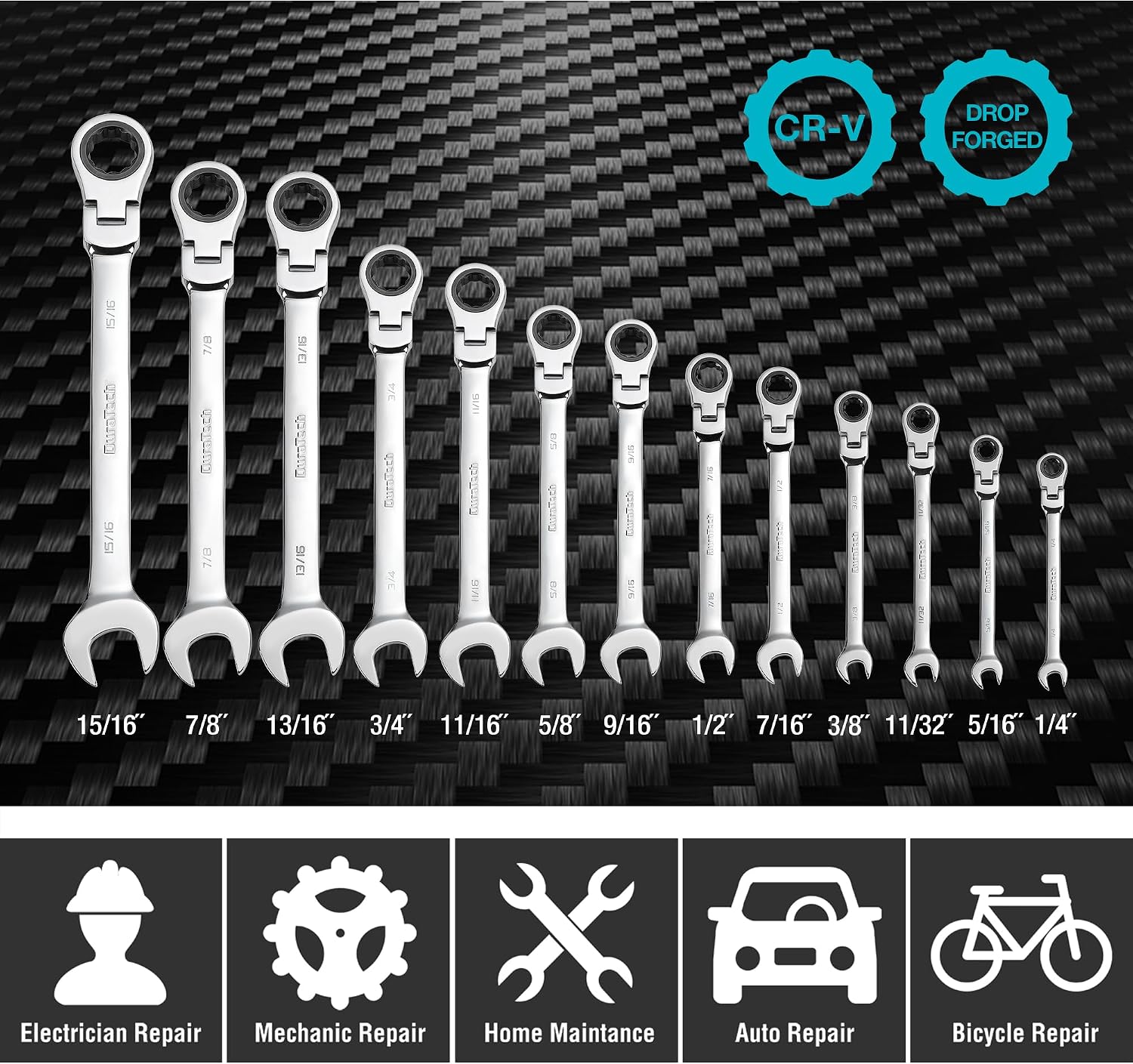 DURATECH Flex-Head Ratcheting Combination Wrench Set, SAE, 13-piece