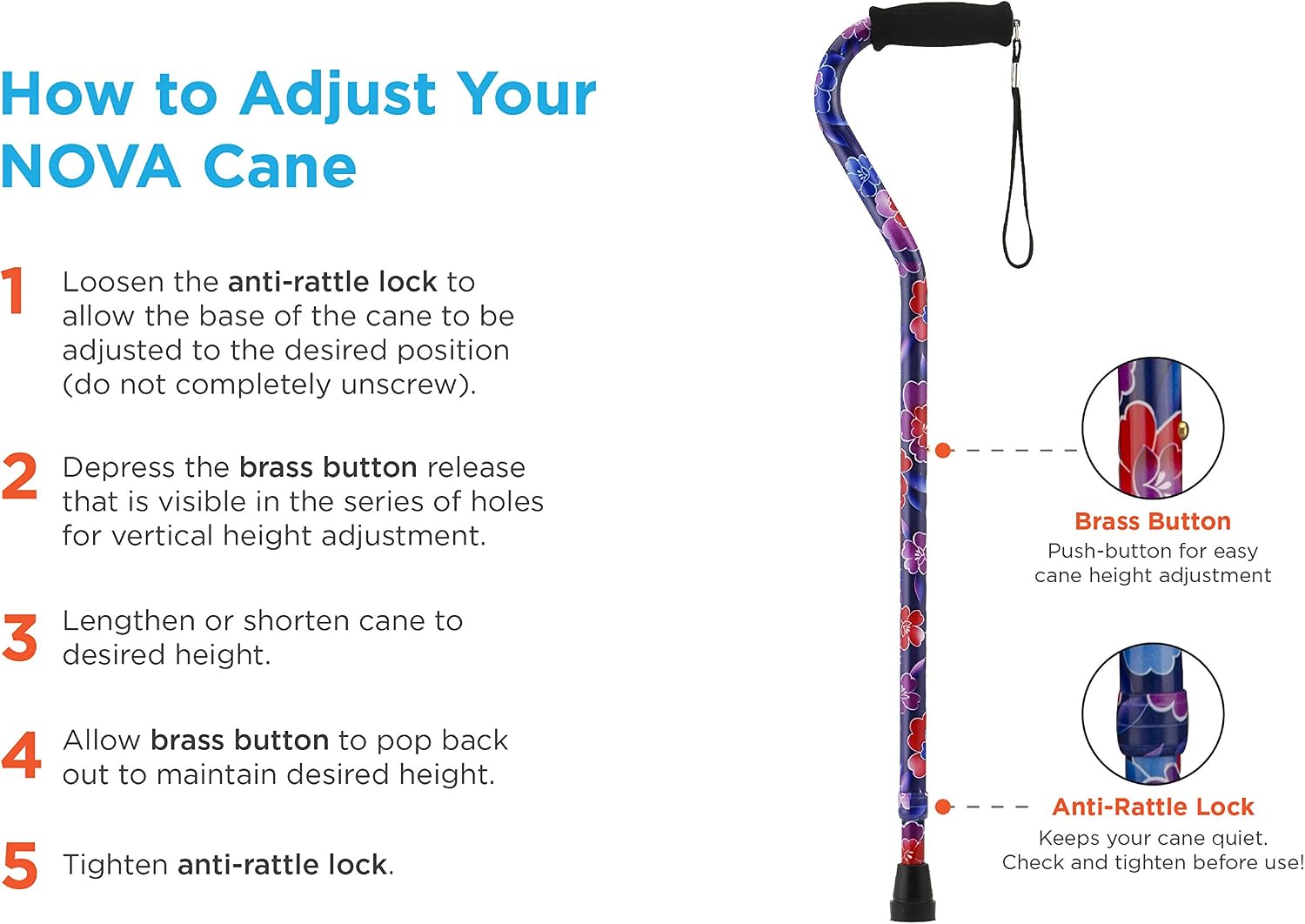 NOVA Designer Walking Cane with Offset Handle, Lightweight Adjustable Walking Stick with Carrying Strap, “Maui Flowers” Design