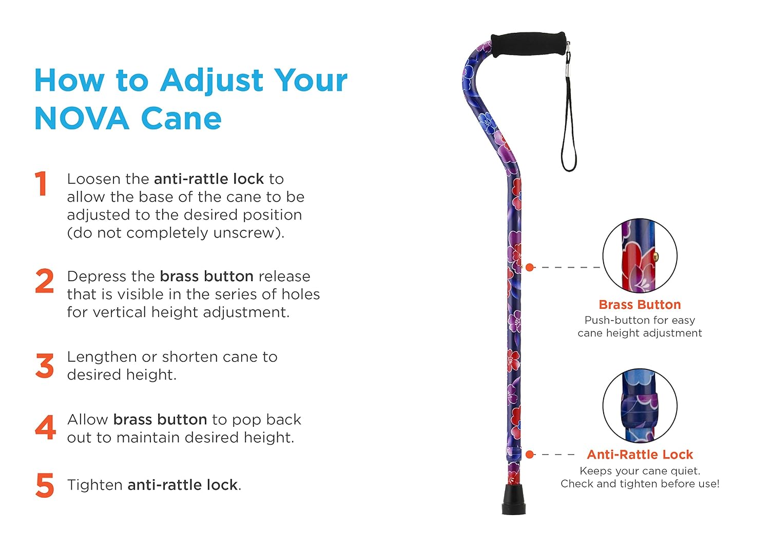 Nova Joy Designer Offset Quad Cane for Seniors - Unisex Adjustable Lightweight Walking Aid with Foam Handle, Wrist Strap and Anti-Rattle Lock - Essential Mobility Support - Maui Flowers