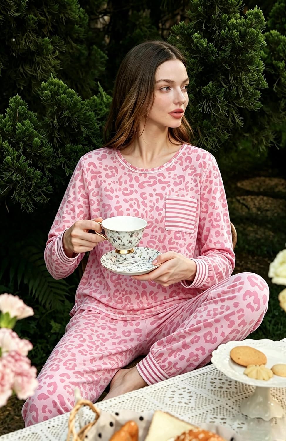 SWOMOG Women’s Pajamas Set Long Sleeve Sleepwear with Long Pants Soft Modal Loungewear Pj Set