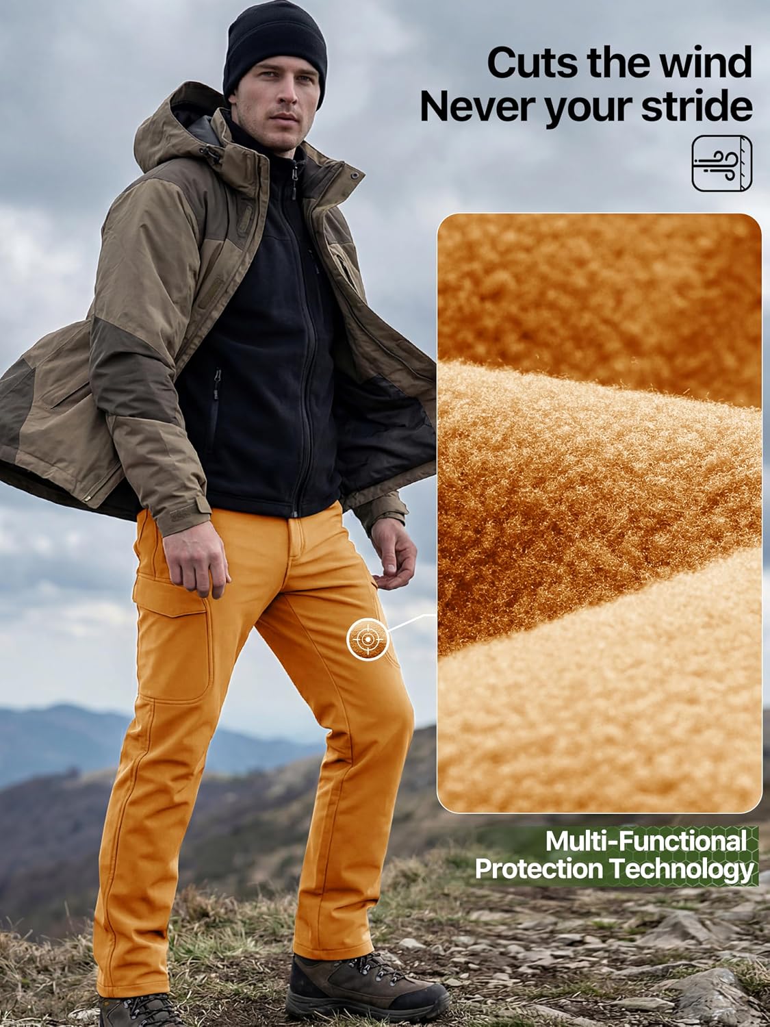 FREE SOLDIER Men's Outdoor Softshell Fleece Lined Cargo Pants | Snow Ski Hiking Pants with Belt, Waterproof Winter Pants, Insulated Work Pants, Breathable Windproof Insulated Pants