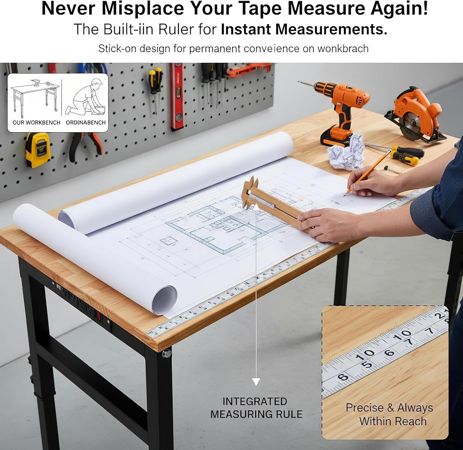 48" Adjustable Workbench, 8-Level Height Adjustable Rolling Work Table with Casters & Scale, Sit & Stand 2-in-1 Garage Tool Table with Pegboard & Hooks, for Workshop, Warehouse, DIY Projects