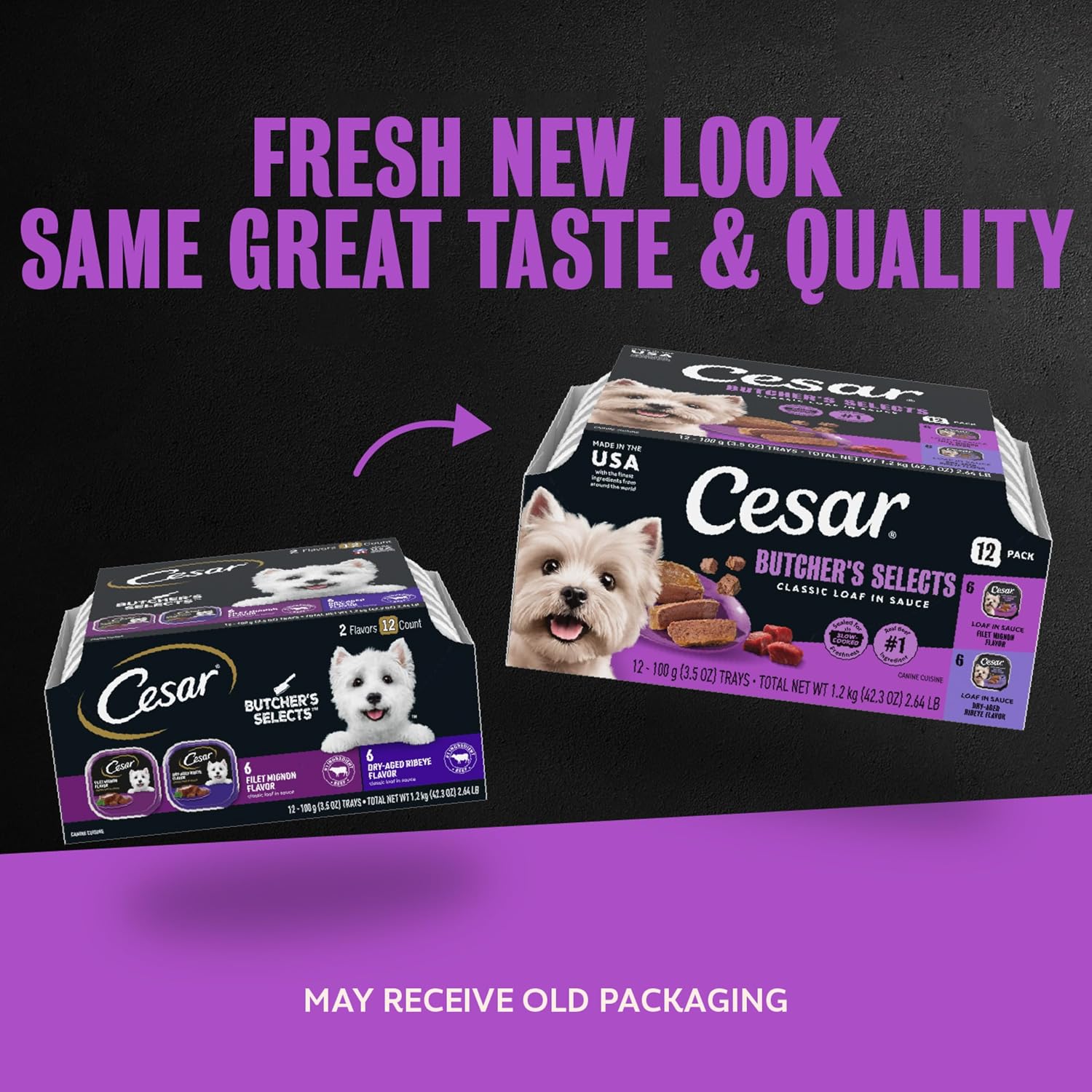 Cesar Classic Loaf Wet Dog Food, Meaty Selects, 3.5 oz, 12 Count, 2-Pack | Made in USA, Filet Mignon & Porterhouse Steak flavors, real beef #1 ingredient, no artificial flavors, easy peel trays