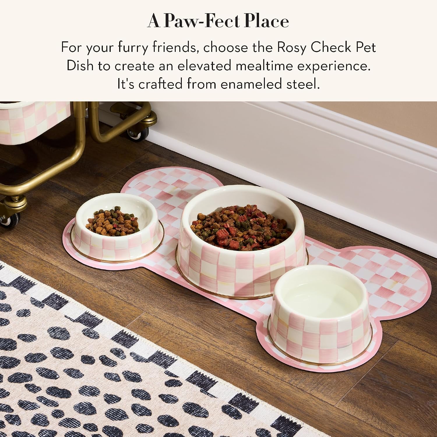 MACKENZIE-CHILDS Enamel Pet Dish, Large, Black-and-White Courtly Check | Decorative cat and dog bowl for food and water, 40-ounce capacity