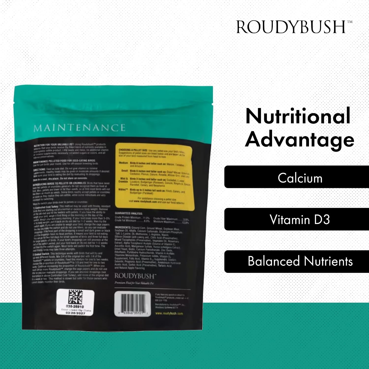 RoudyBush Daily Maintenance Food for Birds - Scientifically Formulated Bird Feed - Bird Food Pellets w/Corn, Wheat, Soy & More - Nutritious & Healthy Feed for Birds (Mini, 44oz)
