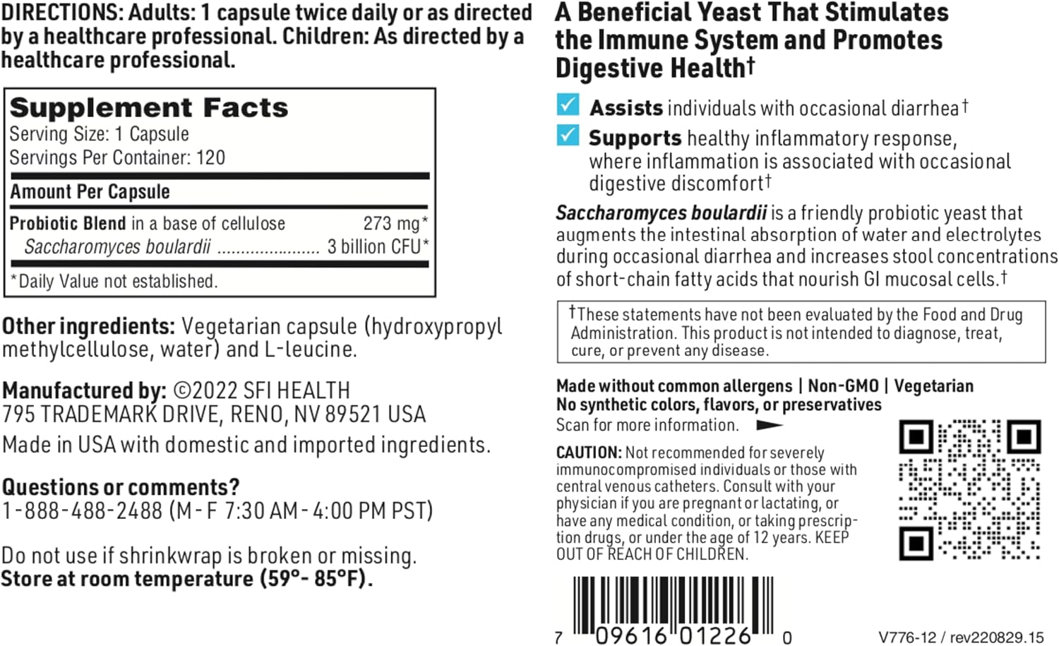 Klaire Labs SFI Health Saccharomyces Boulardii, 60 Count | 3 Billion CFU Yeast Probiotics for Digestive Health & Immune Support, Diarrhea Relief for Healthy Bowel Function