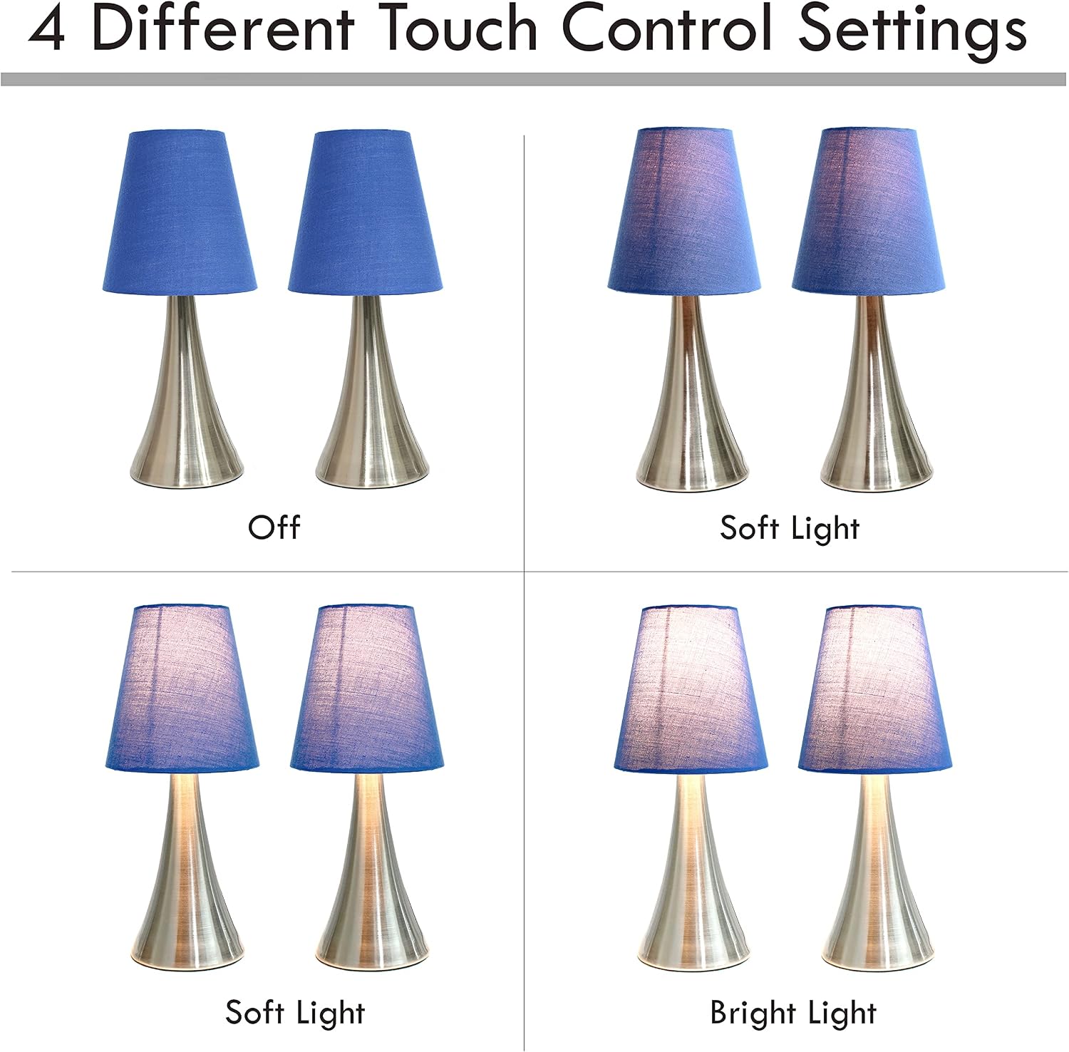 Simple Designs LT2014-WHT-2PK Valencia Brushed Nickel Mini Touch Table Lamps with Fabric Shades, White (Pack of 2)