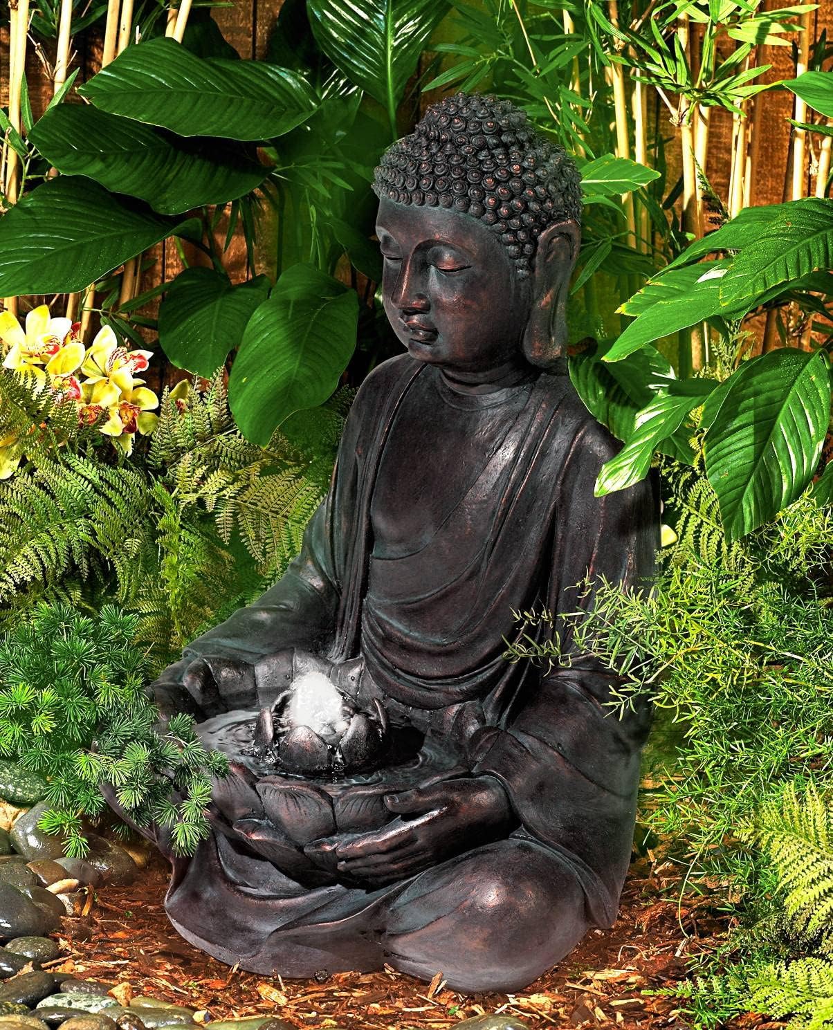 Meditating Buddha 24" High Outdoor Indoor Large Bubbler Fountain with Light | Zen Asian Decor Resin Floor LED Standing Water Feature for Outside Garden Patio Yard Backyard Porch Deck