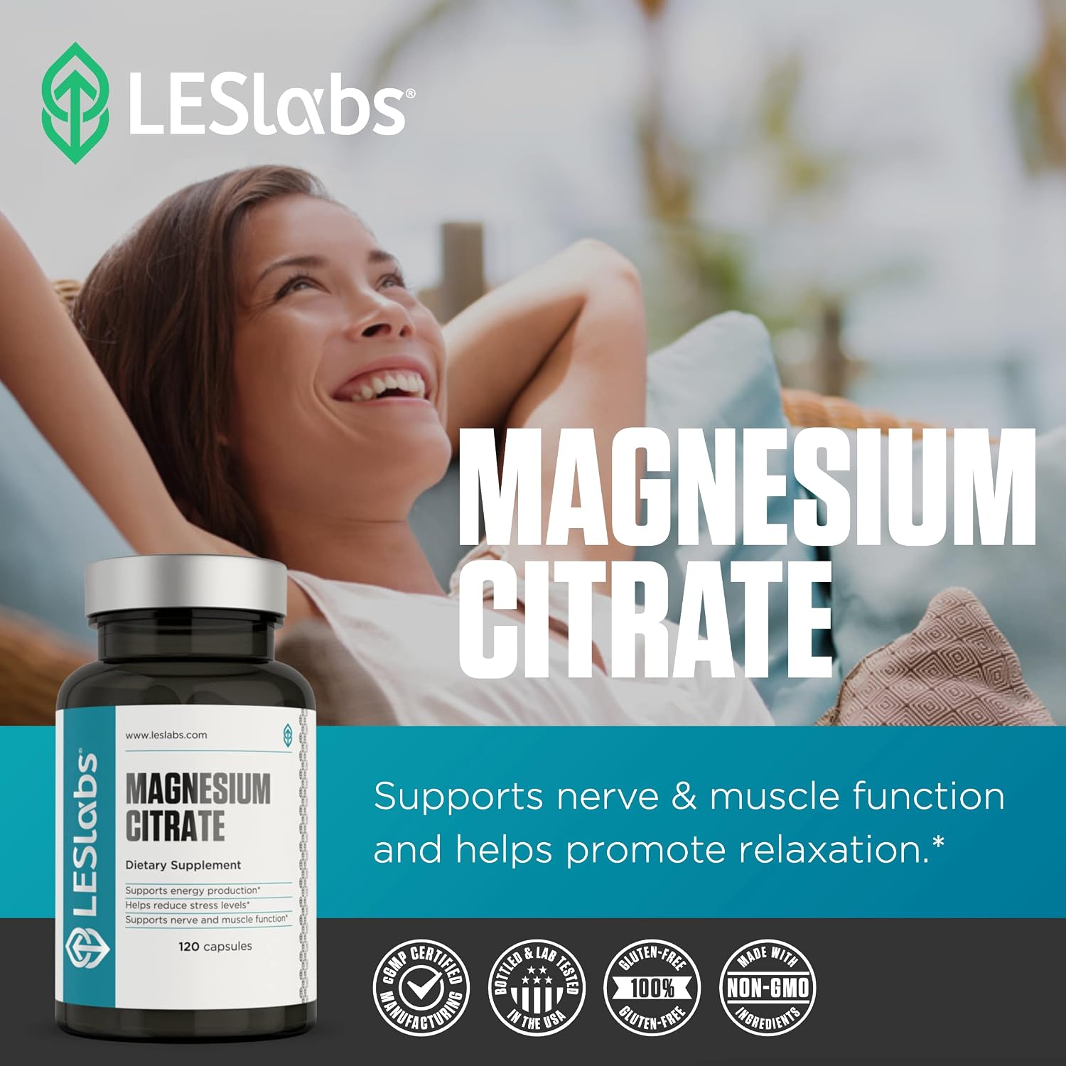 LES Labs Magnesium Citrate Supplement, 120 Capsules | Magnesium Citrate, Stress & Sleep Support, Muscle & Nerve Function, Heart Health, Relaxation, Energy & Metabolism, Non-GMO