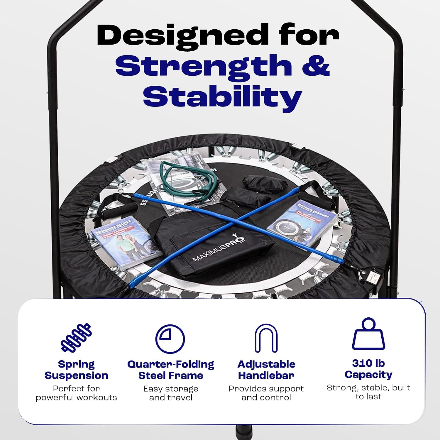 Maximus PRO Folding Rebounder Fitness Trampoline | Voted #1 Indoor Mini Exercise Trampoline for Adults with Bar | Best Home Gym for Fitness & Lose