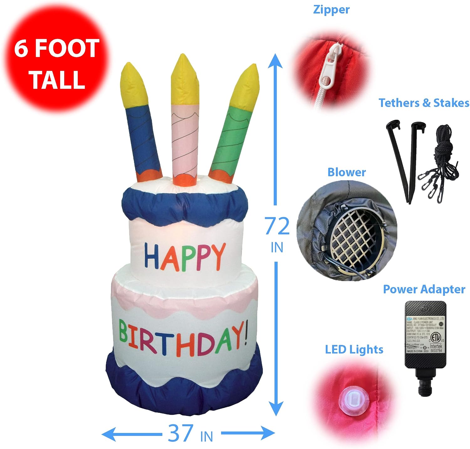 6 Foot Tall Inflatable Happy Birthday Cake with 4 Candles Party Decoration