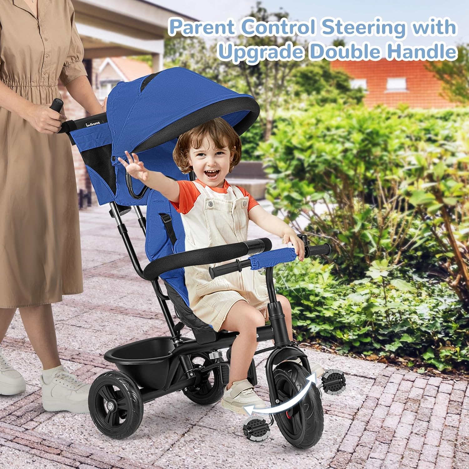 INFANS Kids Tricycle, 6 in 1 Stroll Trike with Adjustable Push Handle, Removable Canopy, Retractable Foot Plate, Lockable Pedal, Detachable Guardrail, Suitable for 10 Months to 5 Years (Blue)