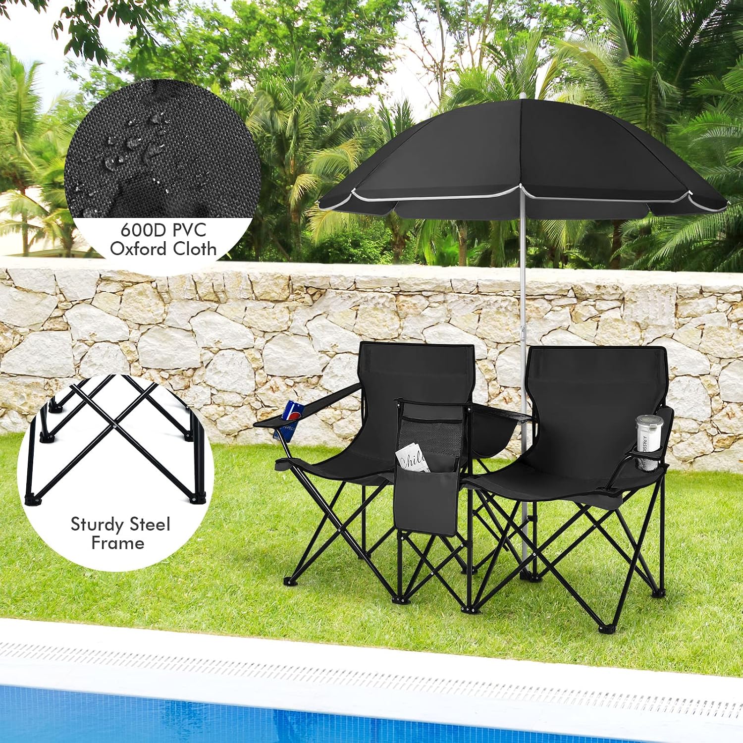 COSTWAY Double Portable Picnic Chairs, Folding Camping Chairs w/Detachable Umbrella, Cooler Bag, Cup Holders, Patio Beach Camping Chairs for Outdoors, Blue | Detachable Umbrella, Cooler Bag, Cup Holders, Patio Beach Camping Chairs for Outdoors, Blue