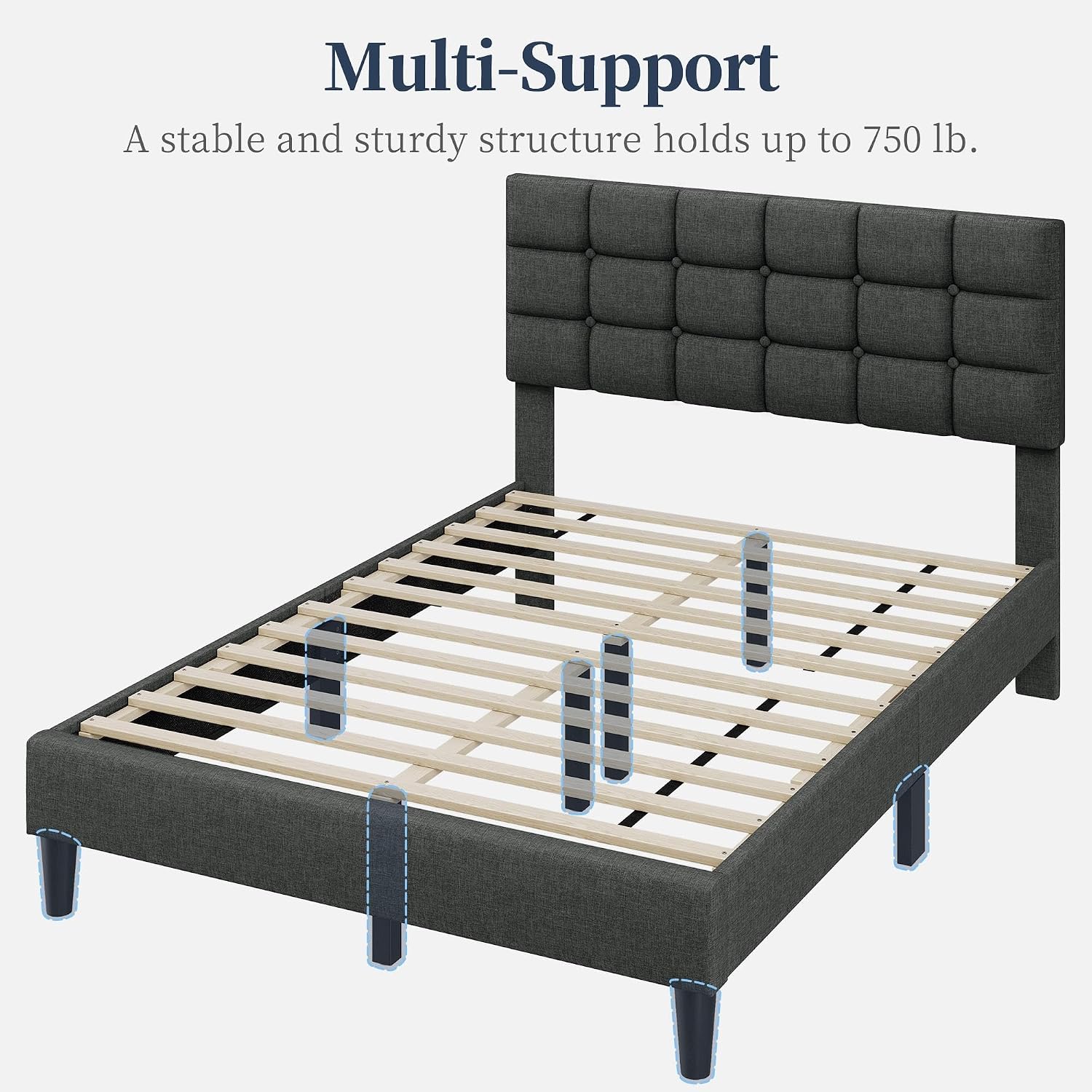 Yaheetech Full Size Upholstered Tufted Bed Frame with Headboard, Dark Gray | Sturdy engineered wood frame with linen fabric upholstery features a soft tufted headboard for easy assembly and support