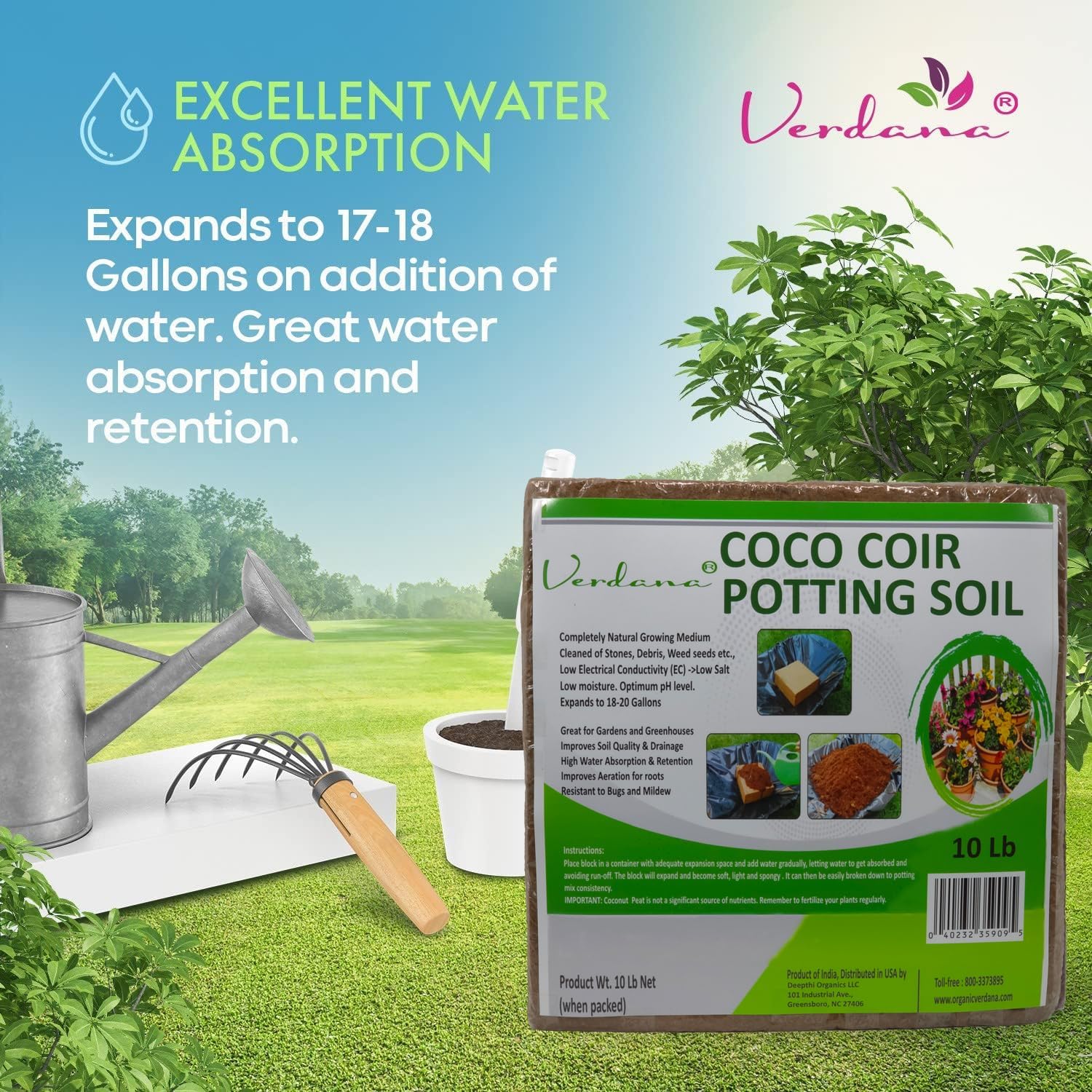 Verdana Coco Coir Potting Soil Brick - 10 lb Compressed Coconut Coir Block, Expands to 72 Quarts / 18 Gallons, Peat Moss Alternative for Seed Starting