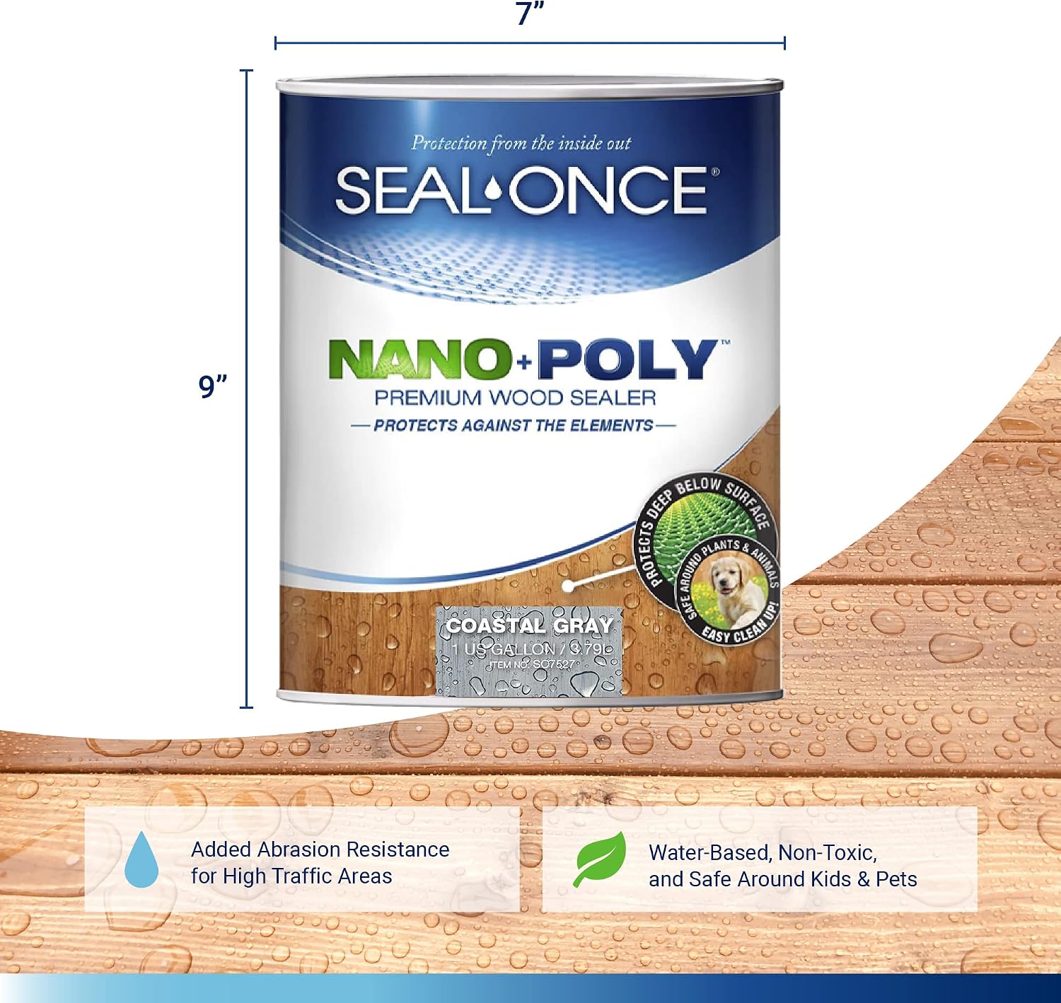 Seal-Once Nano+Poly Wood Sealer and Waterproofer, Clear, 1 Gallon | With Polyurethane, Water-based, Low-VOC, Waterproofer & Stain, For Decks, Fences & Log Homes