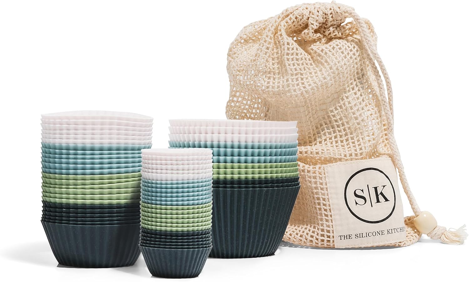 The Silicone Kitchen Reusable JUMBO Silicone Baking Cup, Non-Toxic, BPA Free, Dishwasher Safe, Jumbo, 12 Pack, White Blue Green