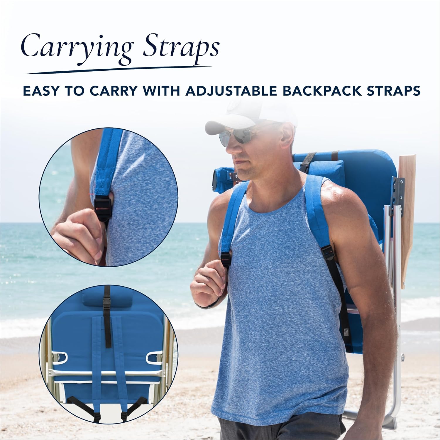 CARIBBEAN JOE Folding Beach Chair, 4 Position Portable Backpack Foldable Camping Chair with Headrest, Cup Holder, and Wooden Armrests