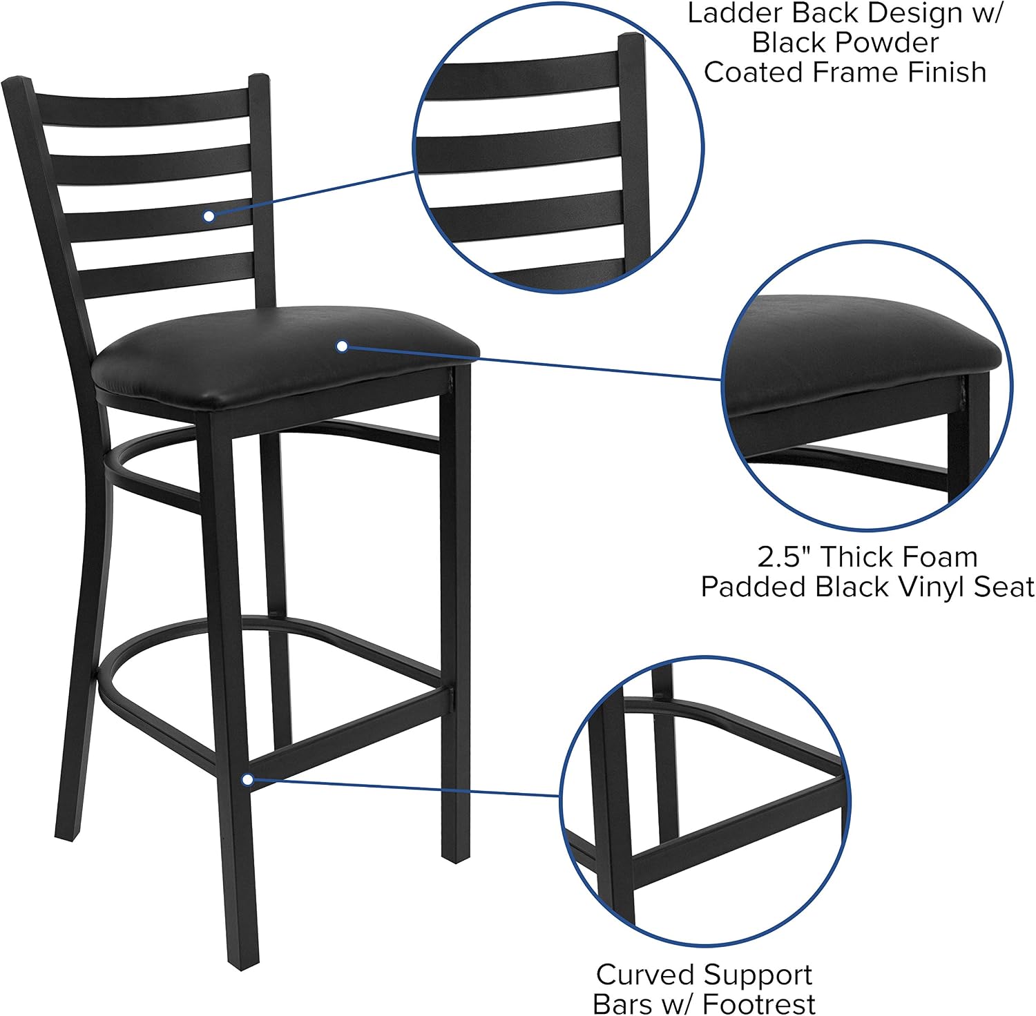 Flash Furniture Hercules Series Ladder Back Metal Restaurant Barstool, Modern Upholstered Armless Bar Height Chair for Restaurants and Kitchens, Black | Vinyl Upholstery, Durable Construction, Commercial Use