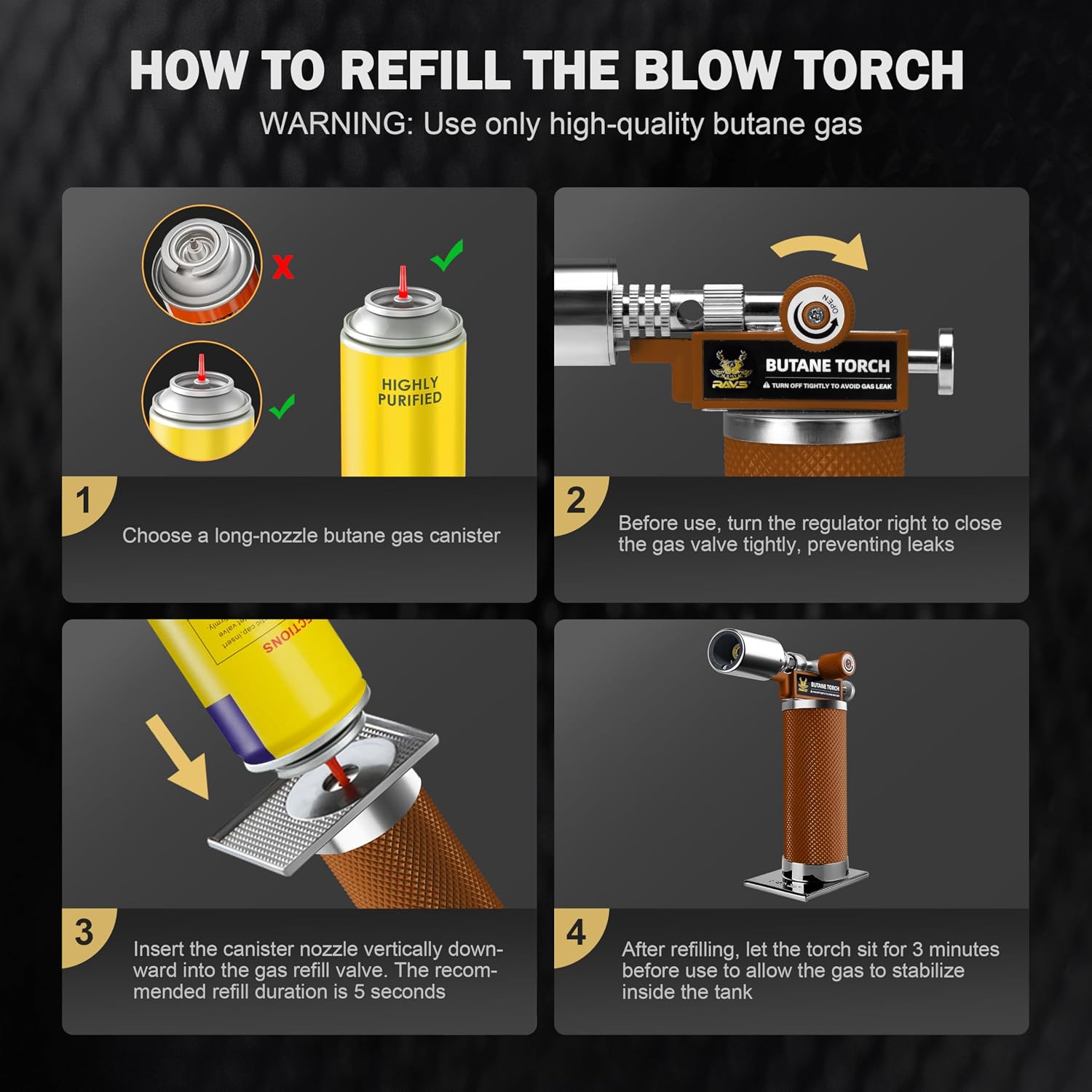 RAVS Butane Torch Lighter, Premium Metal Kitchen Torch with Adjustable Flame & Safety Buckle, Refillable Creme Brulee Torch for Baking, BBQ, DIY