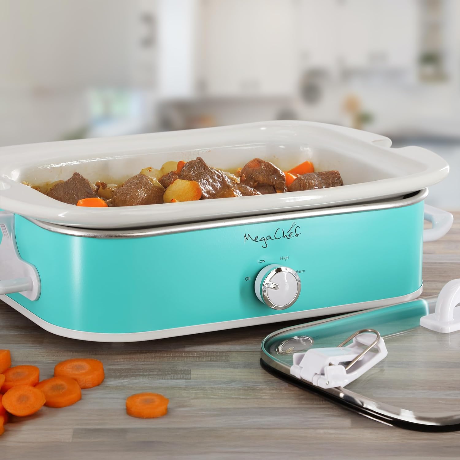 MegaChef 3.5 Quart Rectangle Casserole Slow Cooker with 3 Temperature Settings, Carry Handles and Locking Tempered Glass Lid (Cream)