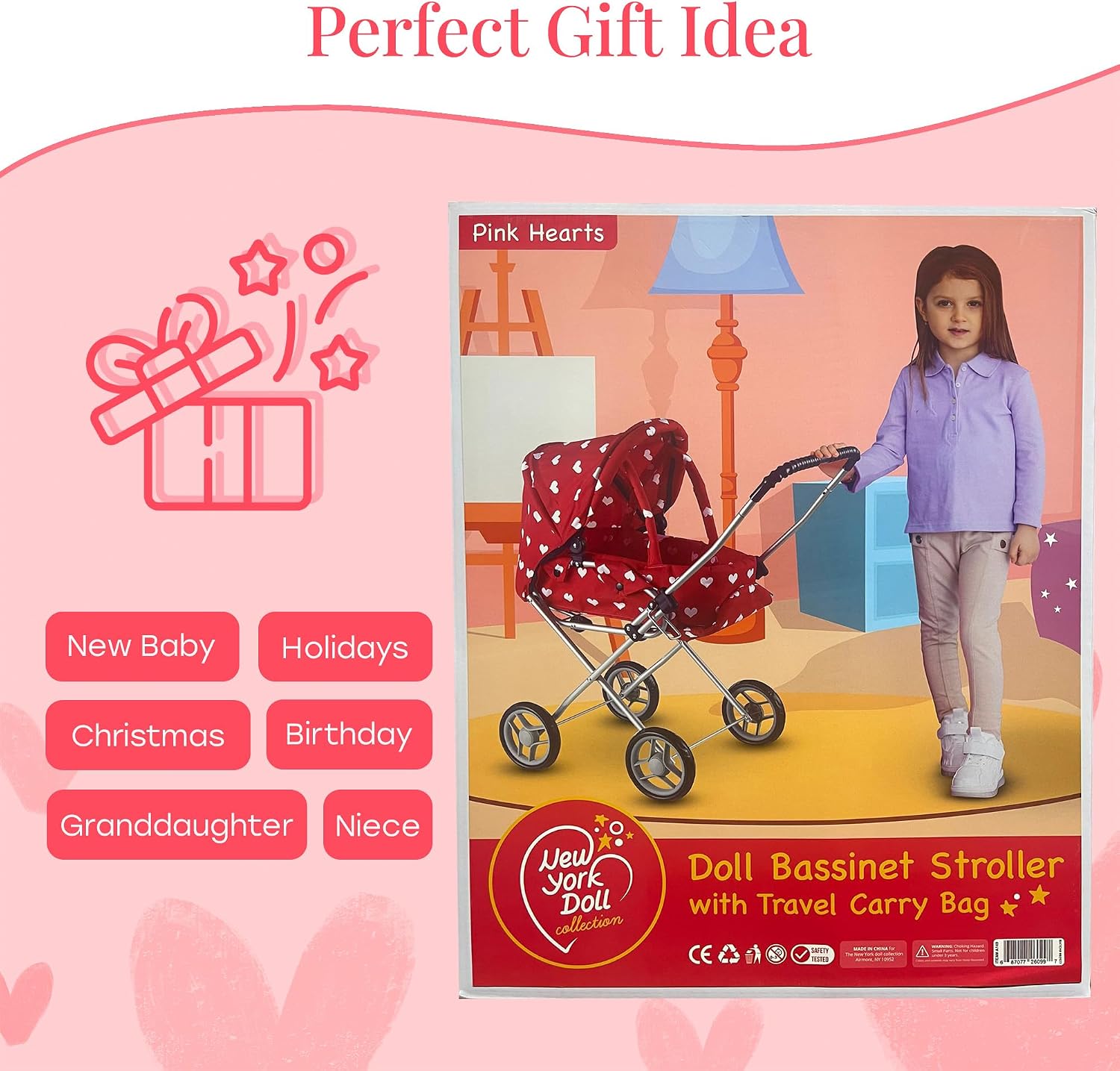 Baby Doll Stroller Play Set, 3-in-1 Babydoll Stroller with Removable Bassinet Baby Carriage for Dolls Toy Doll Stroller for Toddlers 3-4 Years,